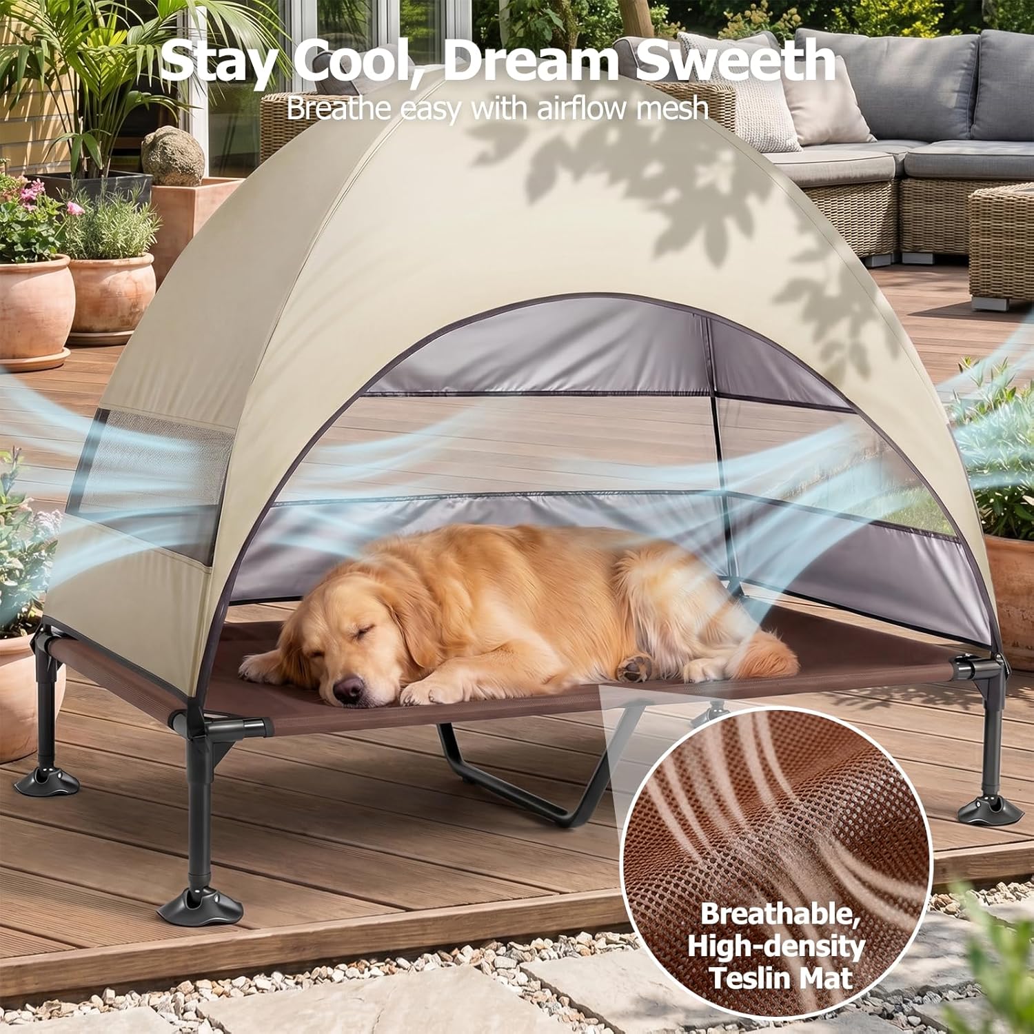 Thumbnail 3 de CJYMMFAN Elevated Dog Bed with UV-Proof Canopy (Raised Outdoor Dog Tent) – Khaki, XL