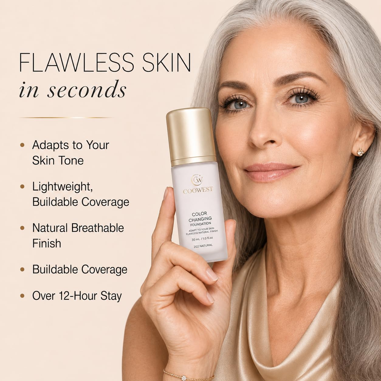 Detalle de COOWEST Color Changing Foundation for Mature Skin, Light, 30ml Shade-Adapting Tint