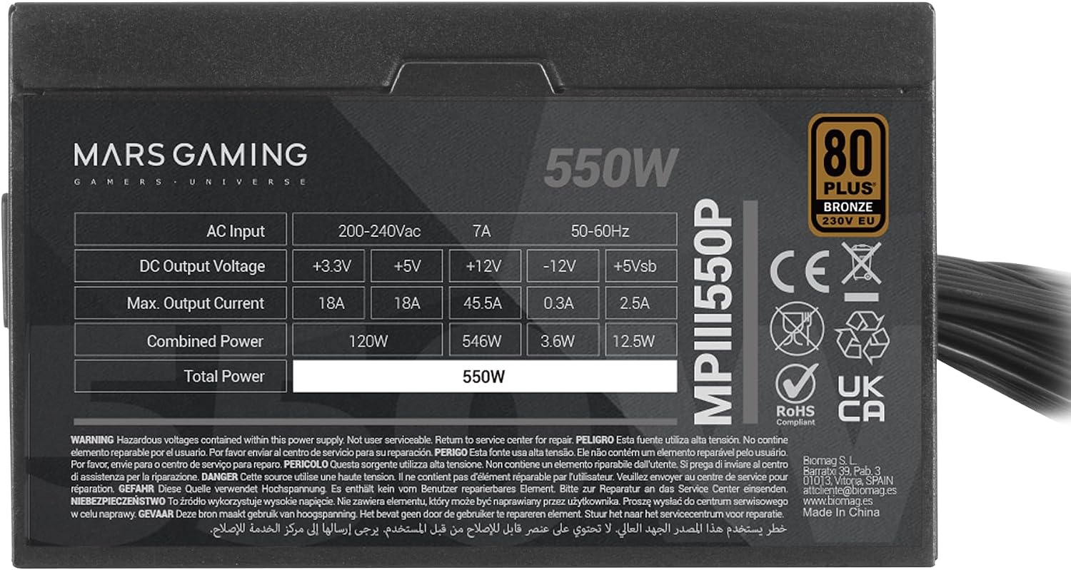 Detalle de Mars Gaming MPIII550P ATX Power Supply, 550W, 85% Efficiency, Flat Cables
