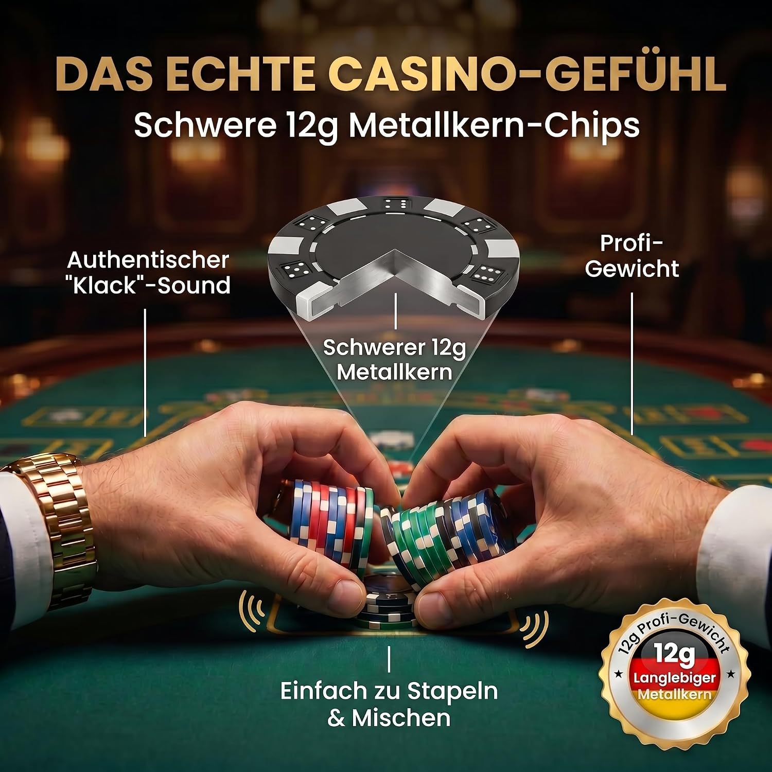 Detalle de Profi Pokerkoffer Pokerset inkl. 300–500 schwere 12 g Metallkern-Chips, inkl. Deck, Karten, Würfel, Dealer-Button – abschließbarer Alu-Koffer