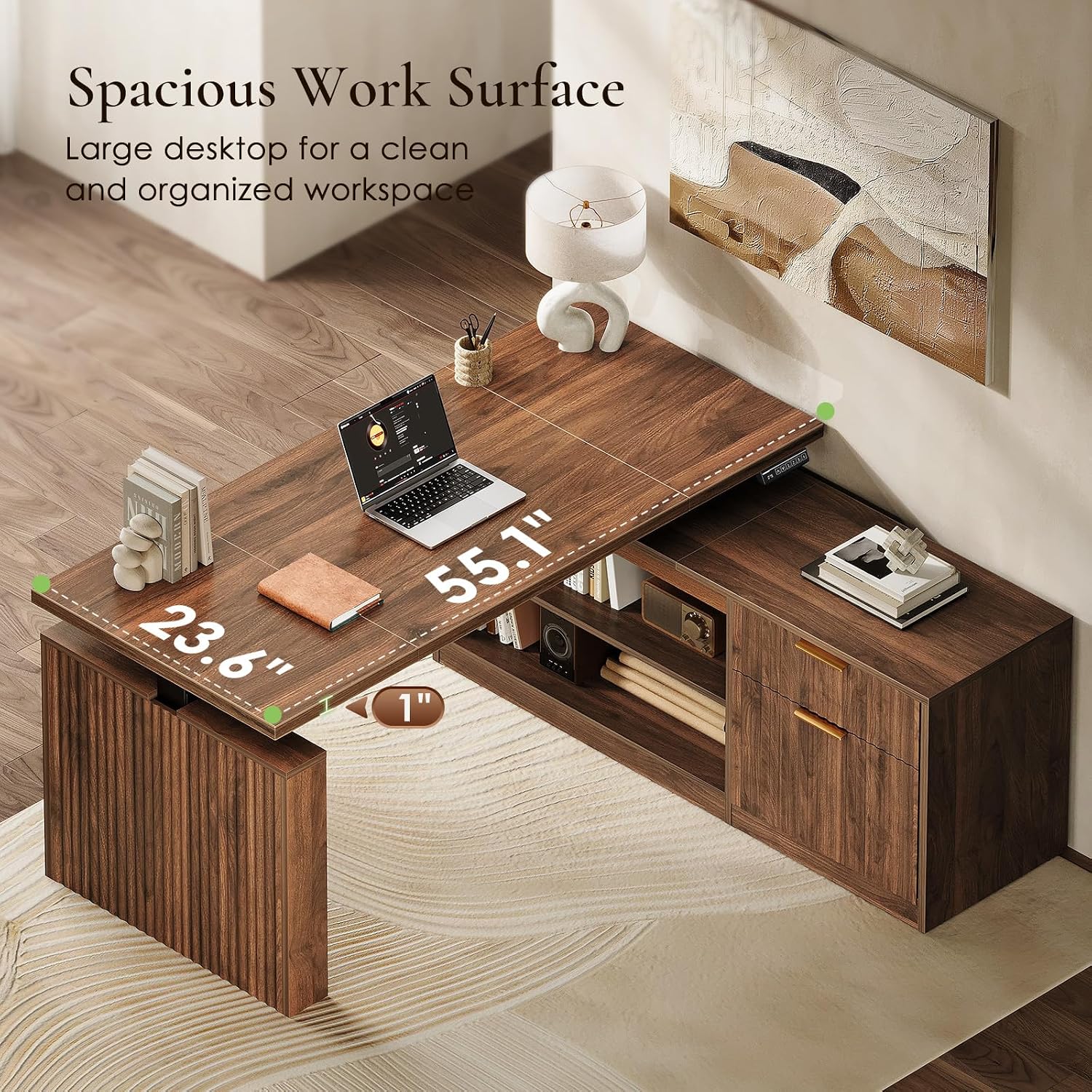 Detalle 2 de OffiGo 55-Inch L-Shaped Electric Standing Desk, Reversible Walnut, 1-Inch Top