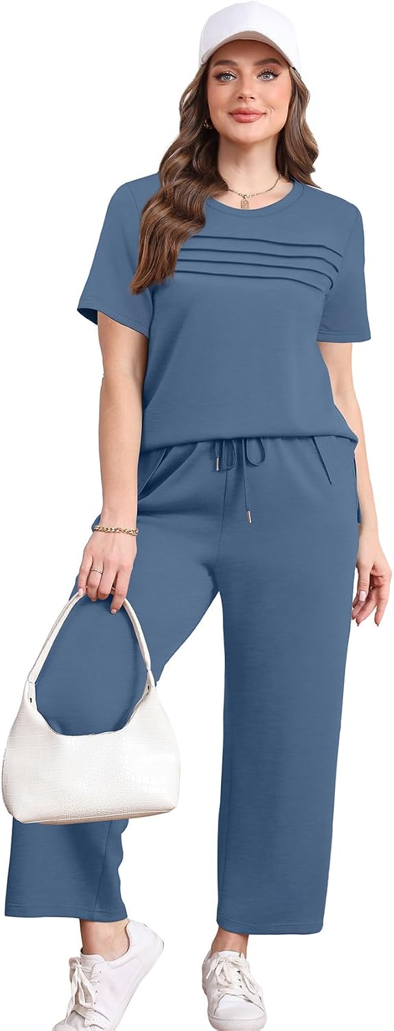 Detalle de WIHOLL Two Piece Sets for Women - Lightweight Summer Lounging Set with Side Slit Top & Wide Leg Pants