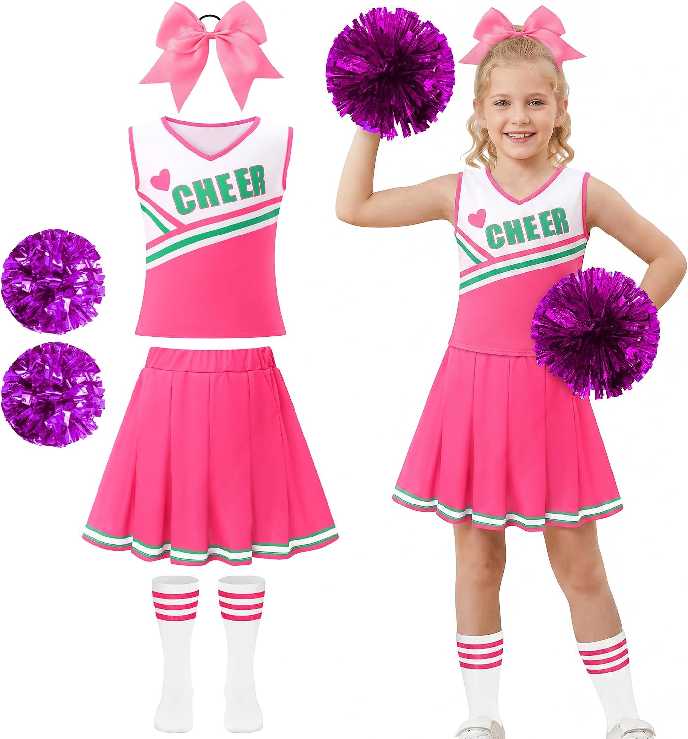 Detalle 2 de WooHand Cheerleader Costume for Girls with Pom Poms, Skirt and Knee Socks