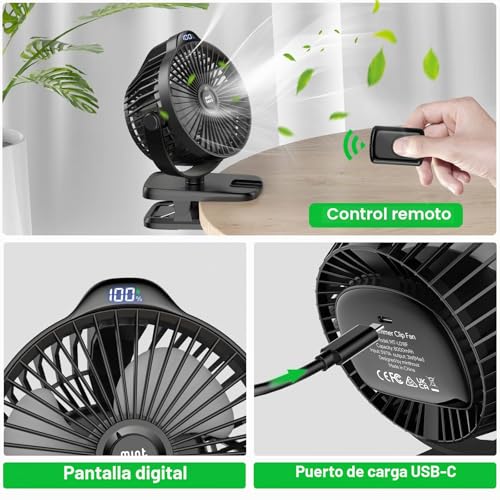 Detalle de Minthouz Ventilador Portátil con Clip: USB-C, 8000 mAh y 5 Velocidades para Camping, Hogar y Oficina