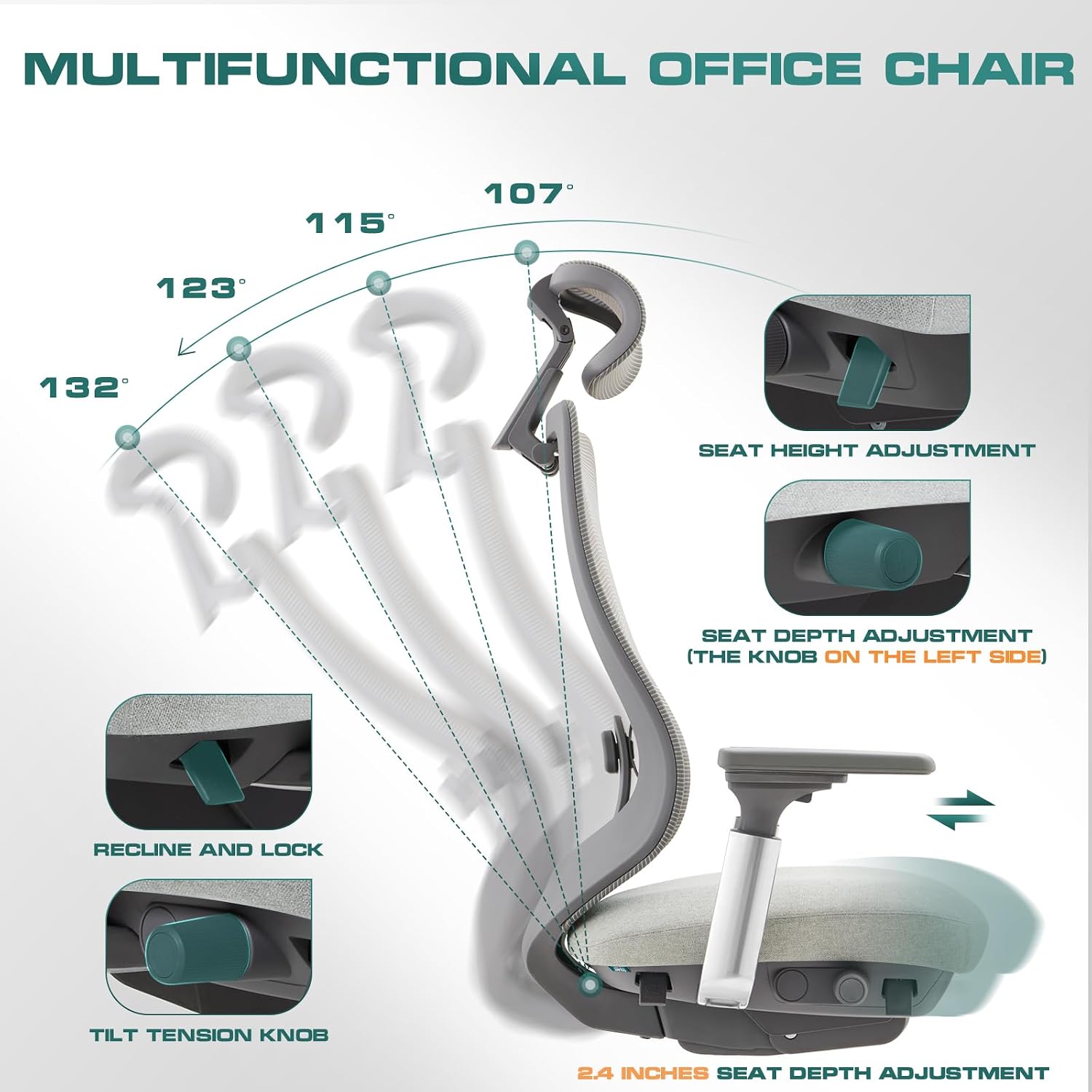 Detalle de COLAMY XK-Atlas Ergonomic Mesh Office Chair with Adjustable Headrest and 4D Arms