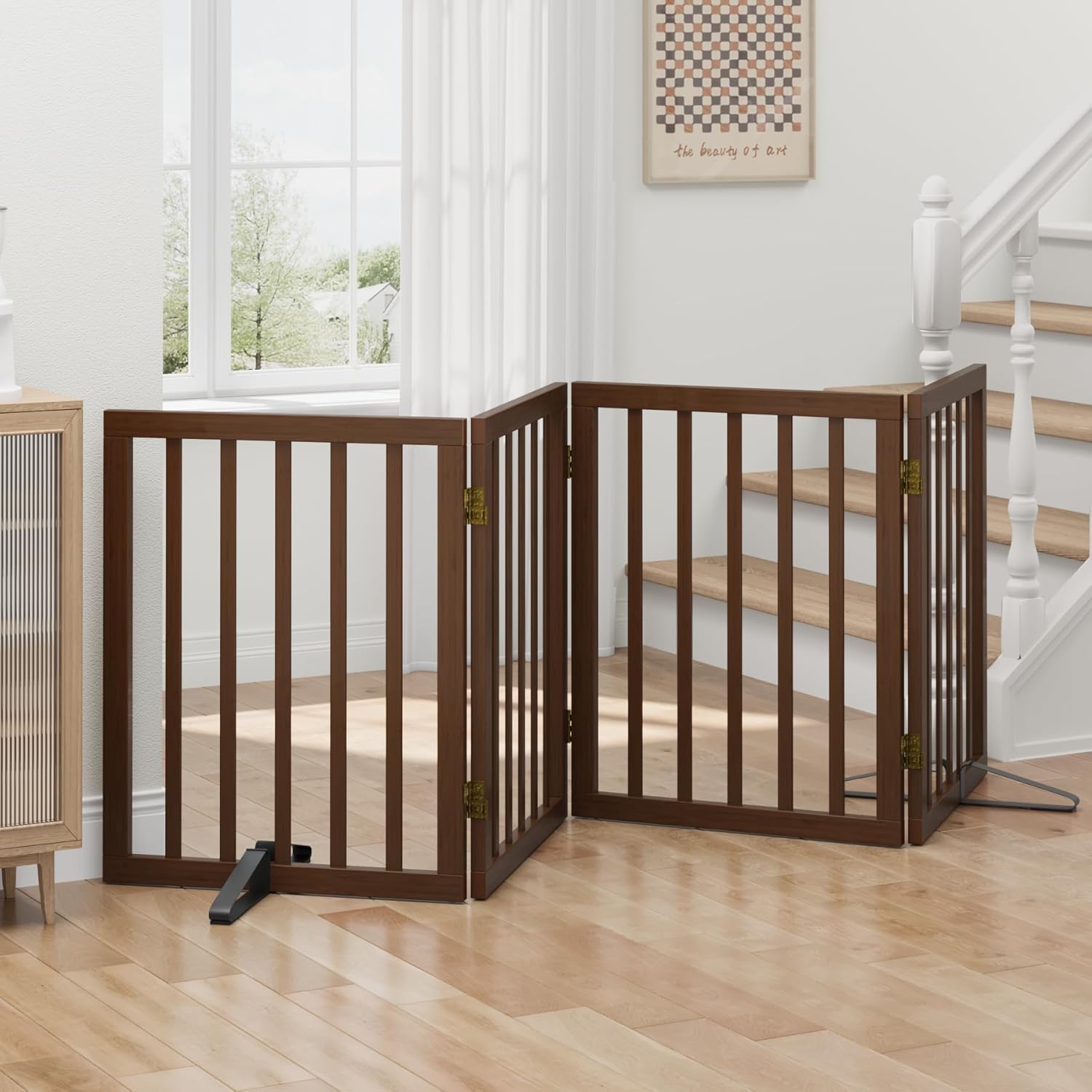 Thumbnail 6 de Algherohein freistehendes Hundegitter für Türen, faltbar (3 Paneele, weiß) – Raumteiler aus Bambusholz