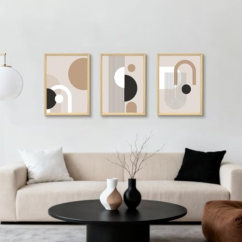 Detalle de 3 Pcs Mediados Siglo Geométrico: Líneas y Cuadros con Marco – Blanco/Marrón (40x60 cm) de FajerminArt