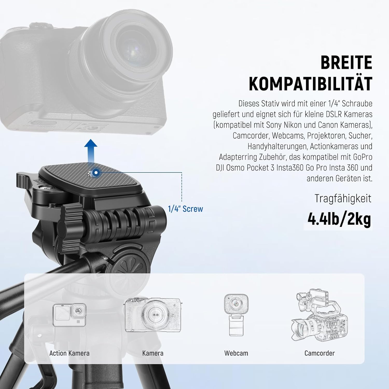 Detalle de NEEWER Entry Level Version Mini Tischstativ TP52 – kompakt, mit 3-Wege-Neigekopf und Smartphone-Halterung