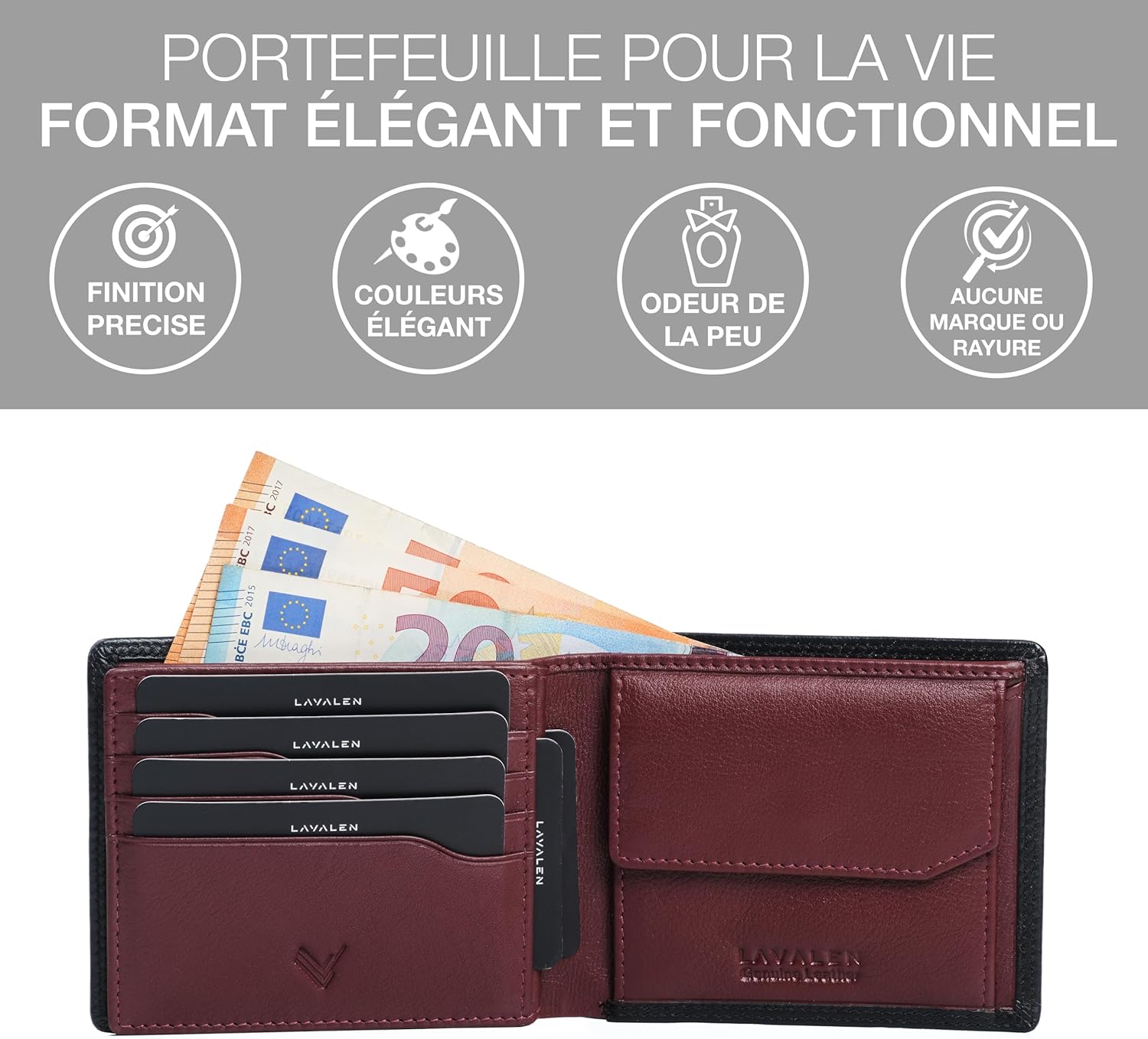 Detalle 2 de Lavalen Portefeuille Homme Cuir Véritable – Portefeuille RFID, Grand Capacité, Noir Bordeaux