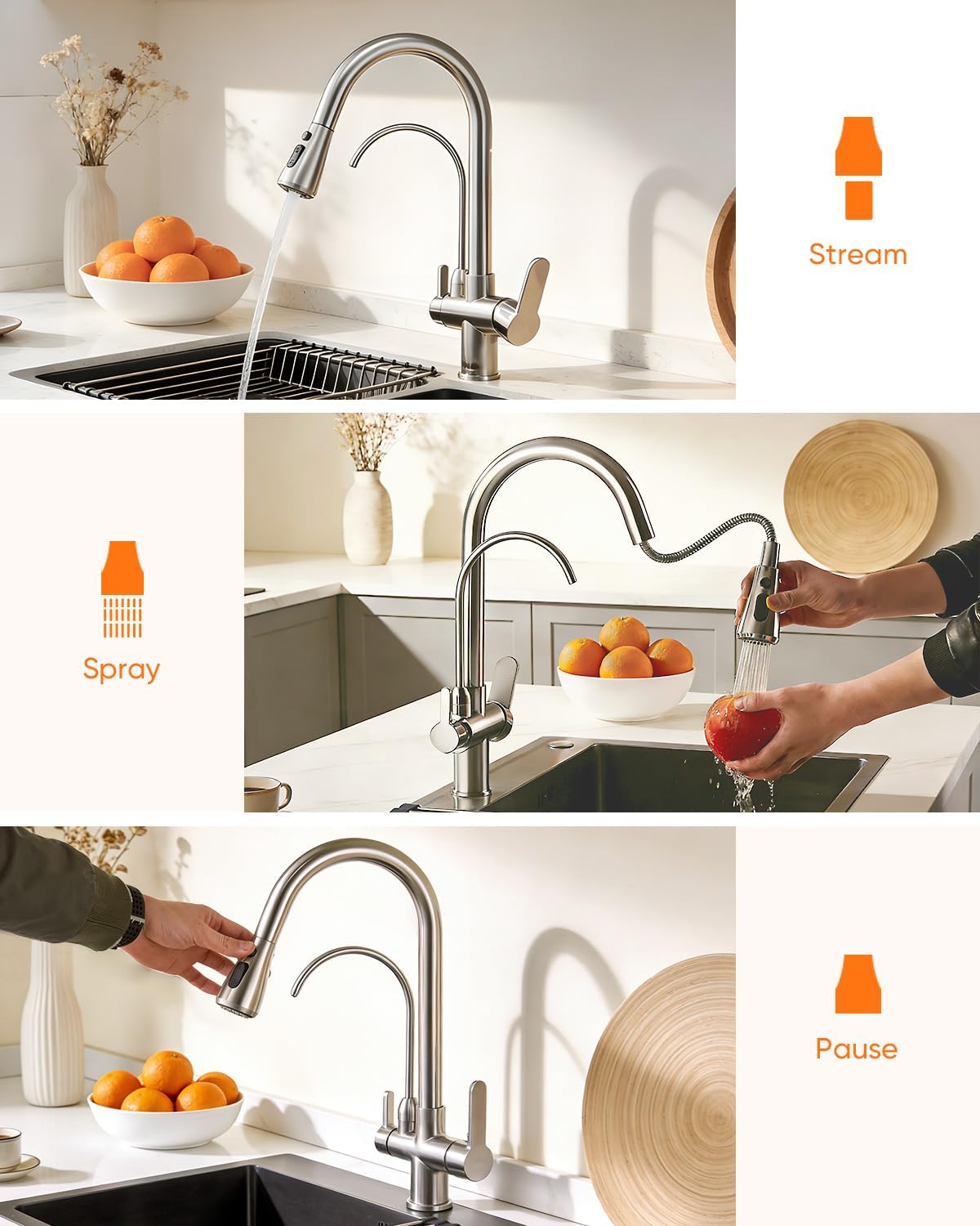 Detalle de Kitchen Faucet with Water Filter Spout — 2-in-1 Brushed Nickel Pull-Down Faucet by OWOFAN
