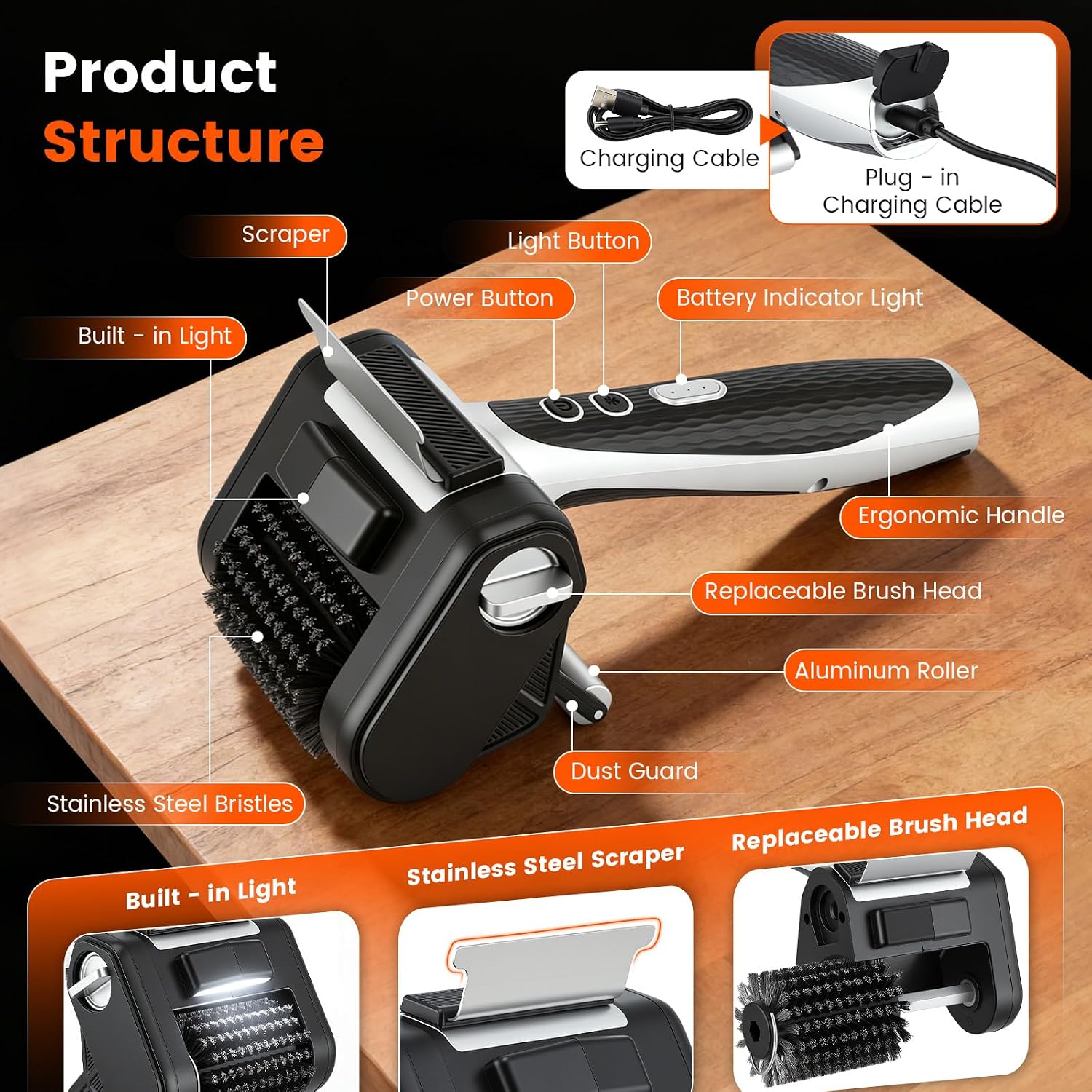 Detalle de VeftBltrem 0GZ4SA0000001 elektrische grillborstel met led en 4000 mAh