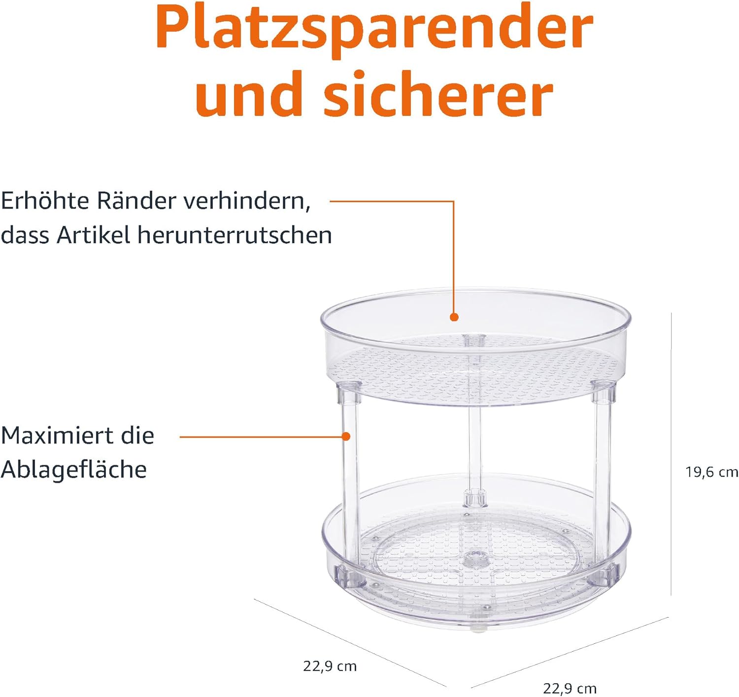 Detalle de Amazon Basics Drehregal Lazy Susan, 2 Ebenen, Transparent, 22,9 cm – kompakte Küchenorganisation