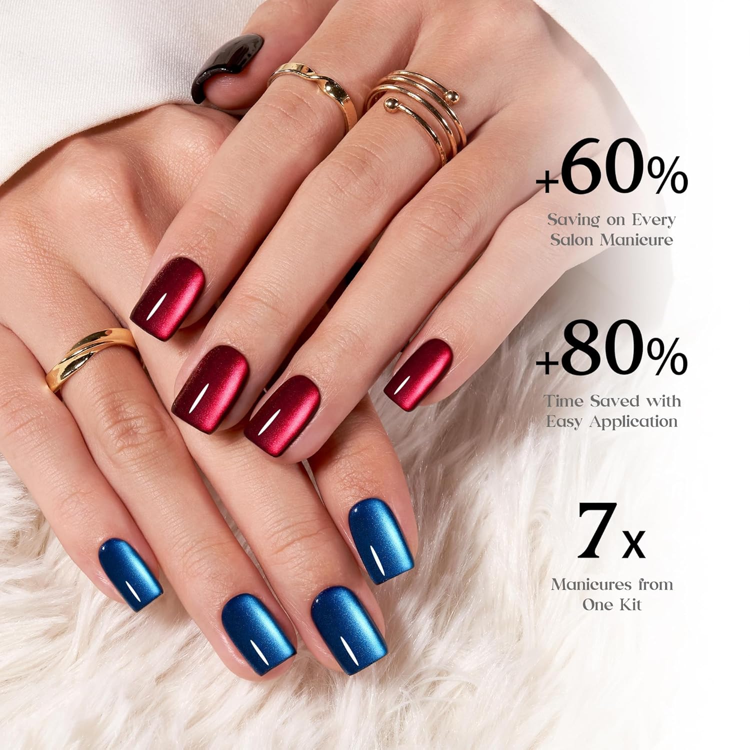 Detalle de Beetles X Press Cat Eye Nails (7 Colors) — Short Square Press-On Set, 16 Sizes (224 Pieces)
