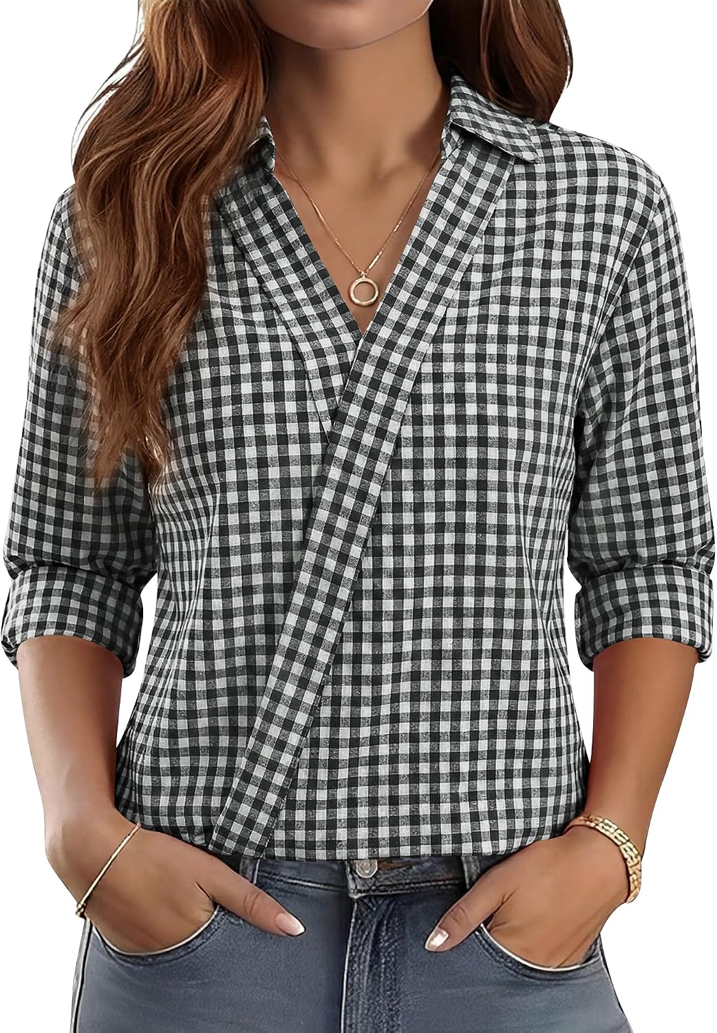 Thumbnail 5 de LOMON 3/4 Length Sleeve Dressy V-Neck Collared Shirt for Women