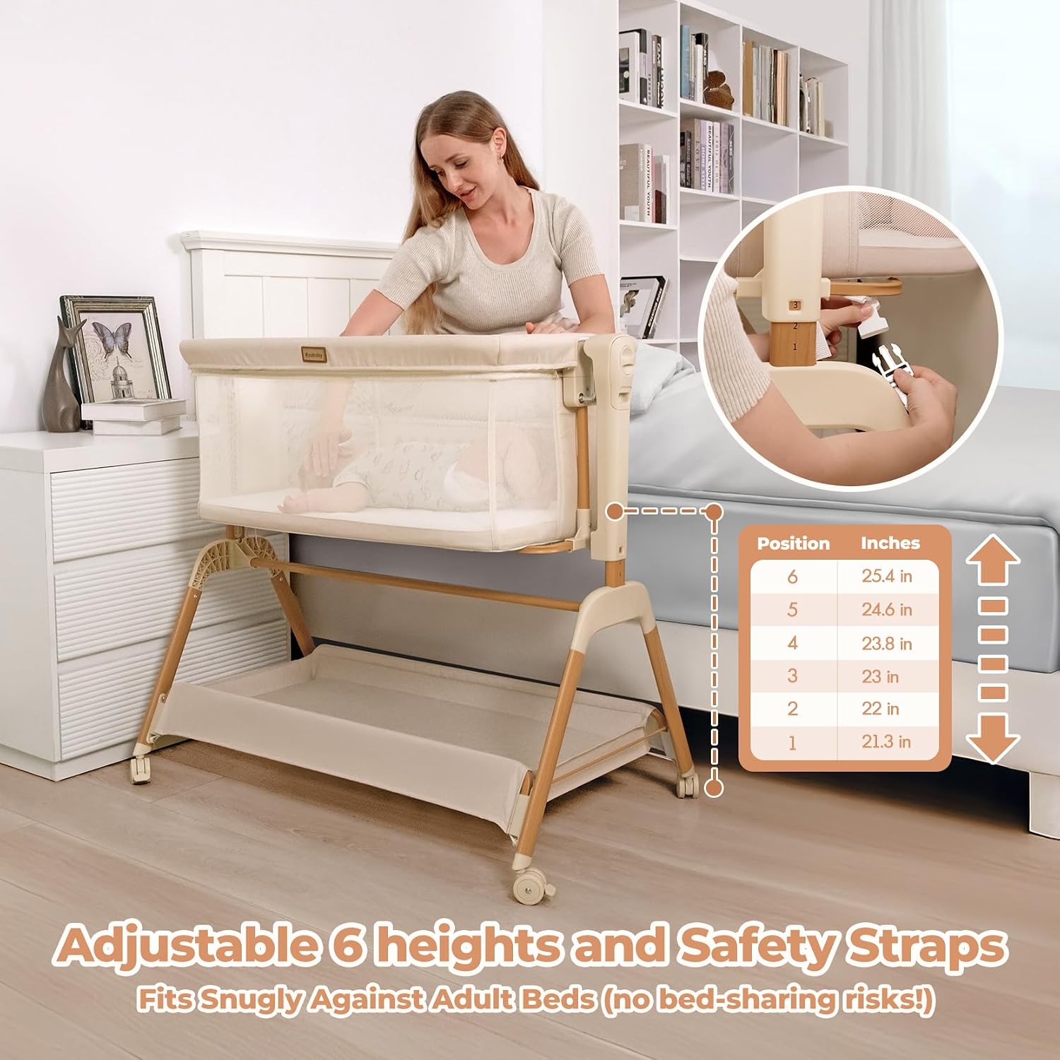 Detalle 2 de Ezebaby OD-B19 3-in-1 Bedside Bassinet with Mesh Sides and Lockable Wheels