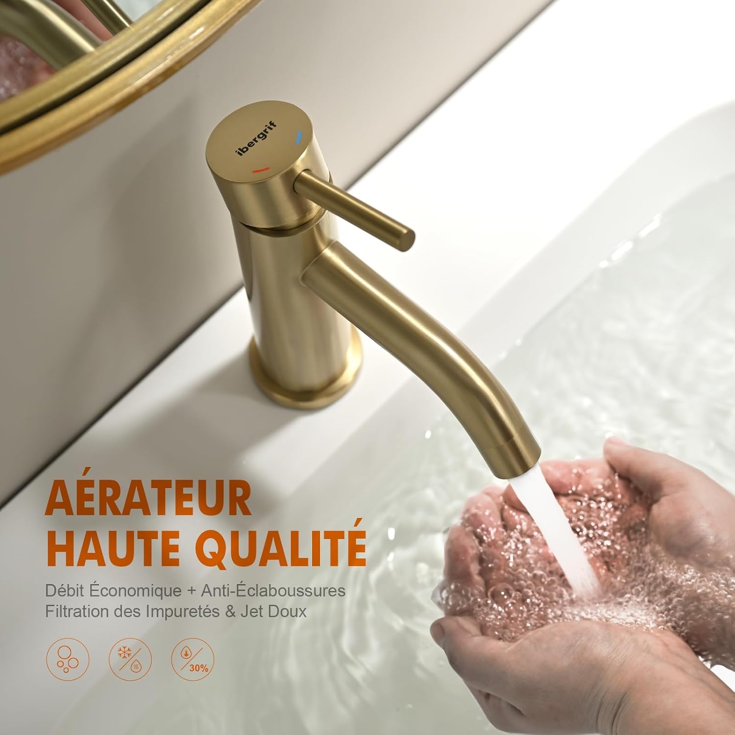 Thumbnail 5 de Ibergrif Mitigeur lavabo monocommande doré – Corps en acier inoxydable et cartouche ceramic à faible bruit