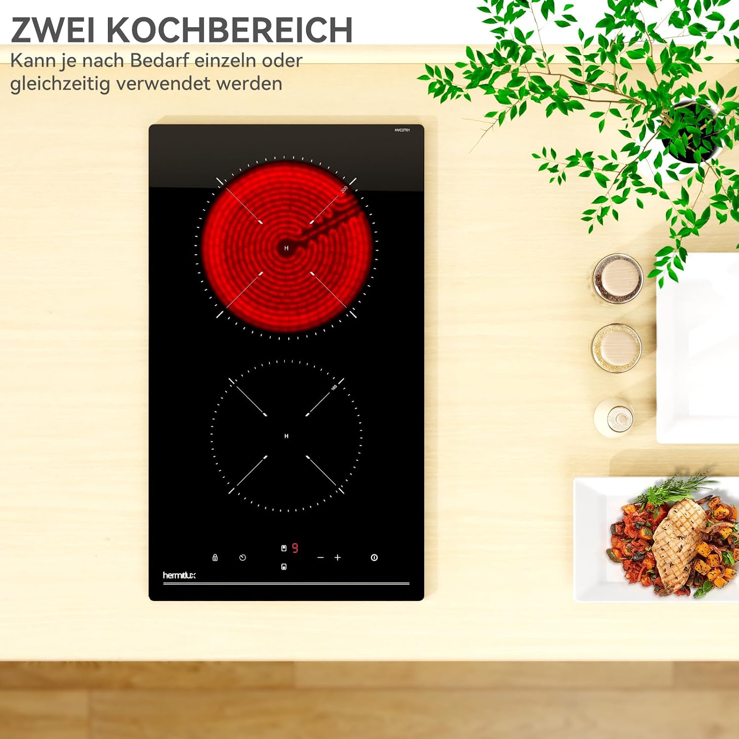 Detalle 2 de Hermitlux Einbau-Kochfeld mit 2 Zonen (Glaskeramik, 3300 W, Timer, Touch & Kindersicherung) 28,8 cm