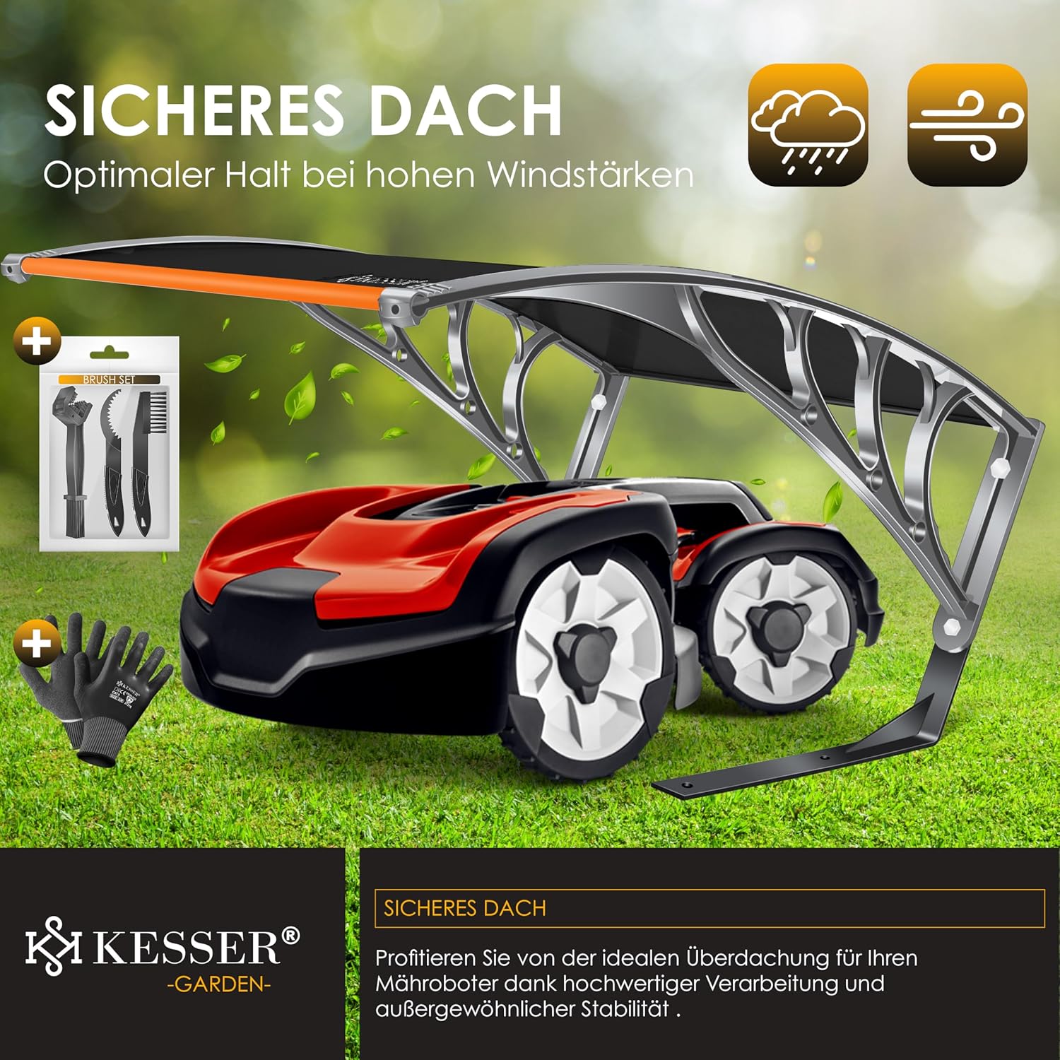 Thumbnail 2 de KESSER Mähroboter-Garage mit Dach (82 x 103 x 47 cm) inkl. Handschuhe & Brushset – witterungsbeständig, Schwarz/Orange