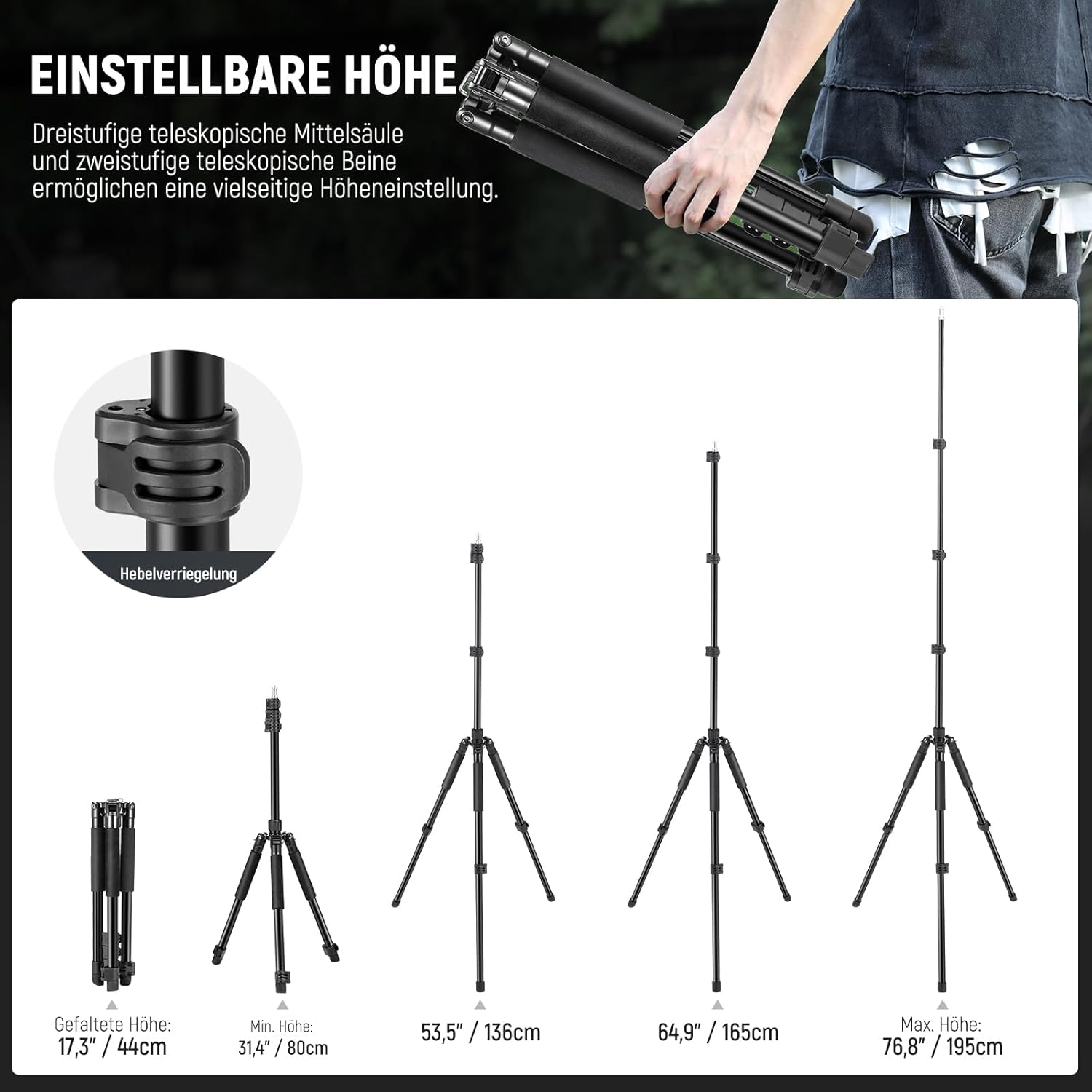 Thumbnail 1 de NEEWER ST195 Fotografie-Lichtstativ, Aluminium, 47–195 cm Höhe, 1/4"-Schraube (bis 2 kg)