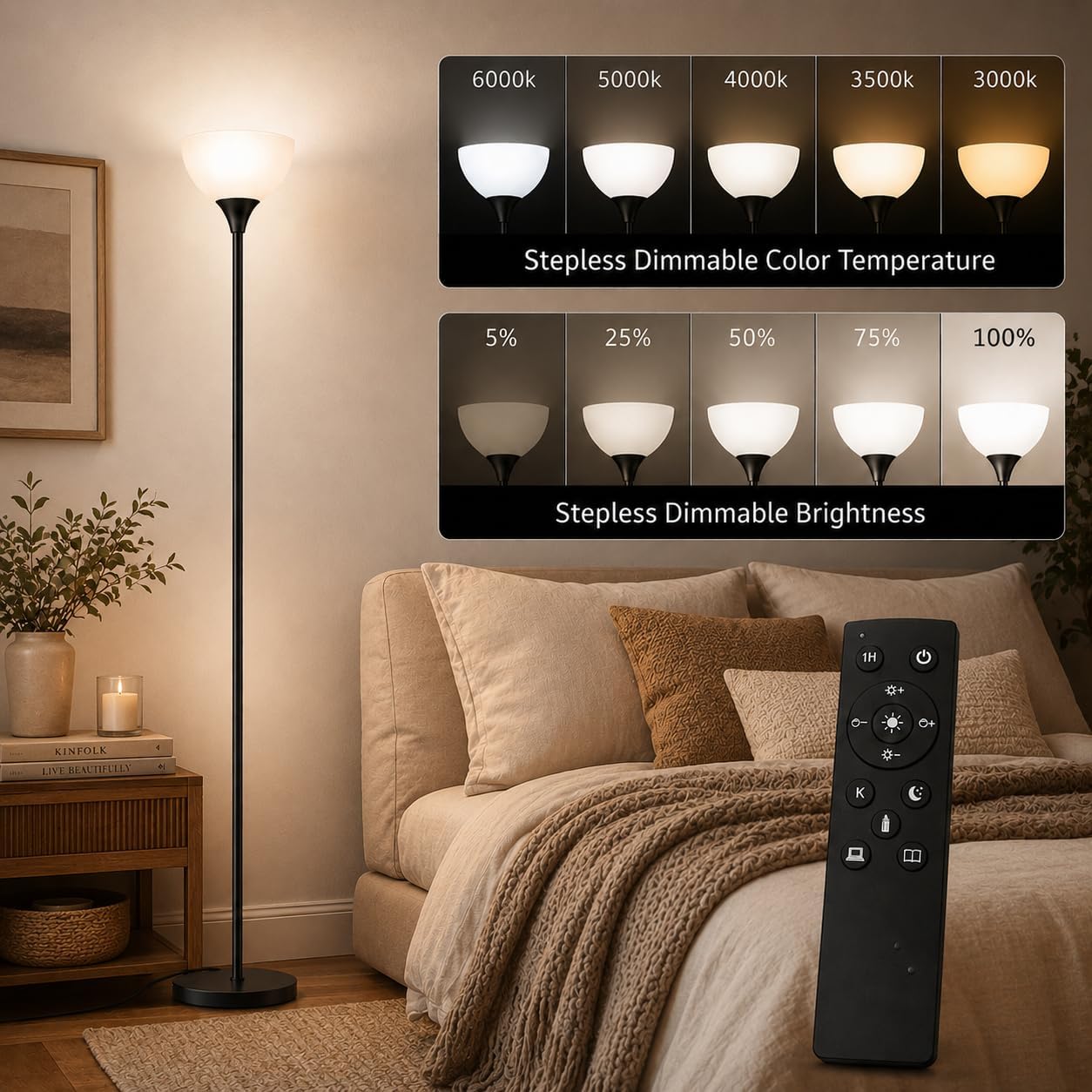 Detalle de PESRAE Matte Black Torchiere Floor Lamp with Remote and Adjustable 9W LED