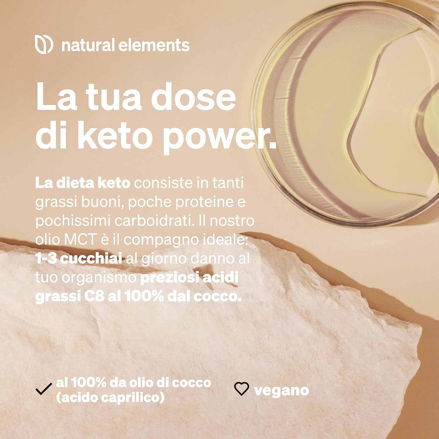 Detalle de Natural Elements Olio MCT 500 ml con acido caprilico C8 (da olio di cocco), insapore e inodore, vegano