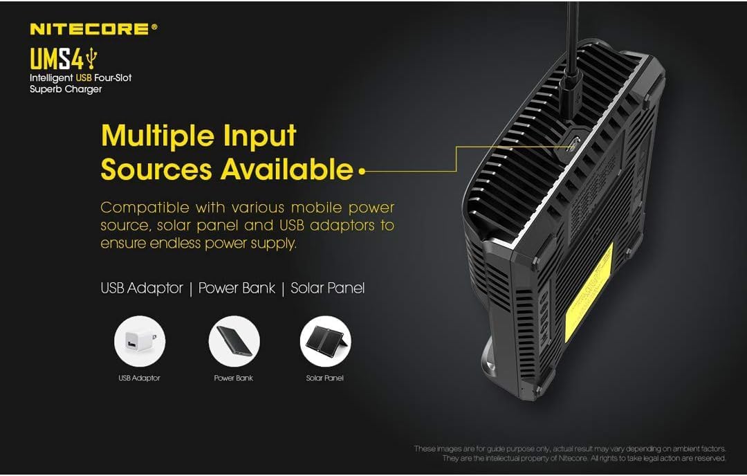 Detalle de Nitecore UMS4 USB-batterijlader met vier laadpoorten en maximaal 3000 mA