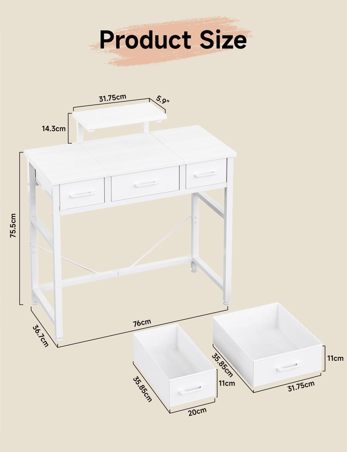 Thumbnail 2 de KitMent Small Desk with 3 Fabric Drawers (76x36cm) – A compact, adaptable study and vanity companion