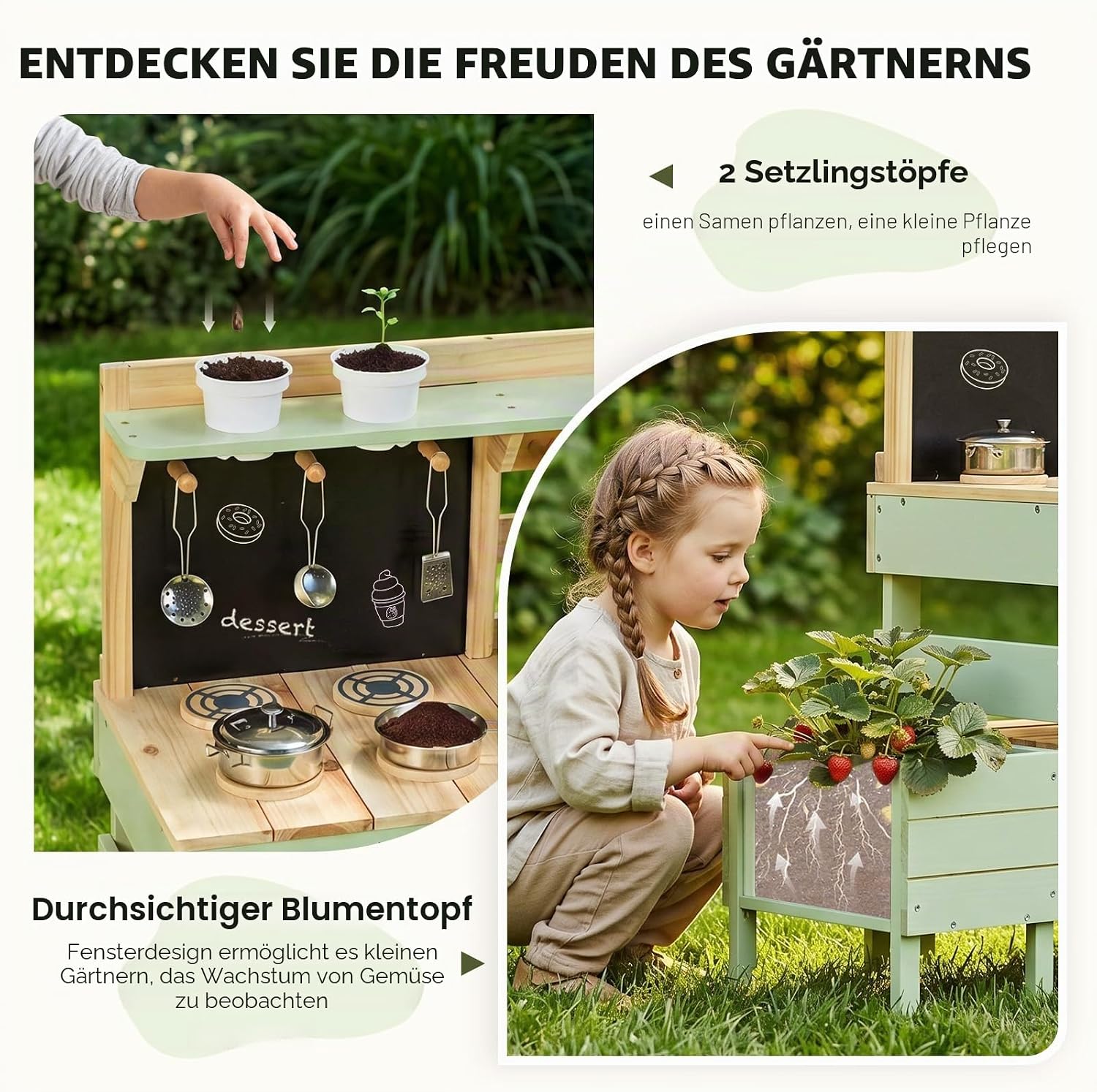Detalle 2 de Labebe Matschküche Kinder Outdoor – 3-in-1 Spielküche mit Spüle, Pflanzkasten und Insekten-Beobachtungsbox