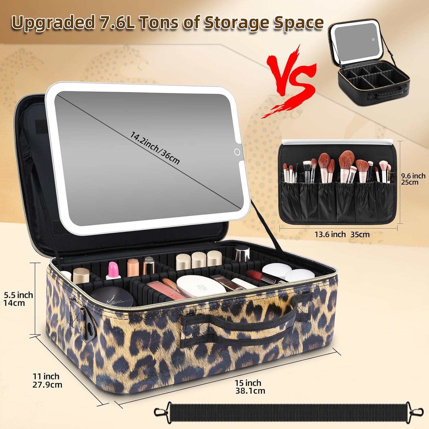 Thumbnail 2 de Large Makeup Bag with Removable Lighted Mirror — 38 x 30 cm, Adjustable Dividers and Brush Storage Board