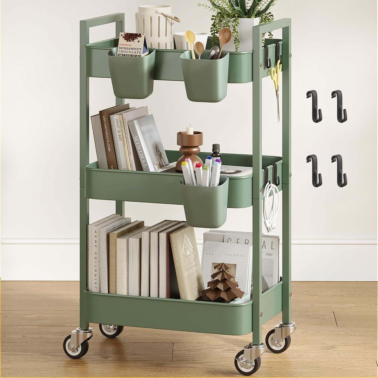 Detalle de Nunsino Rolling Cart 3-Tier Metal Utility Cart with Locking Wheels, Green