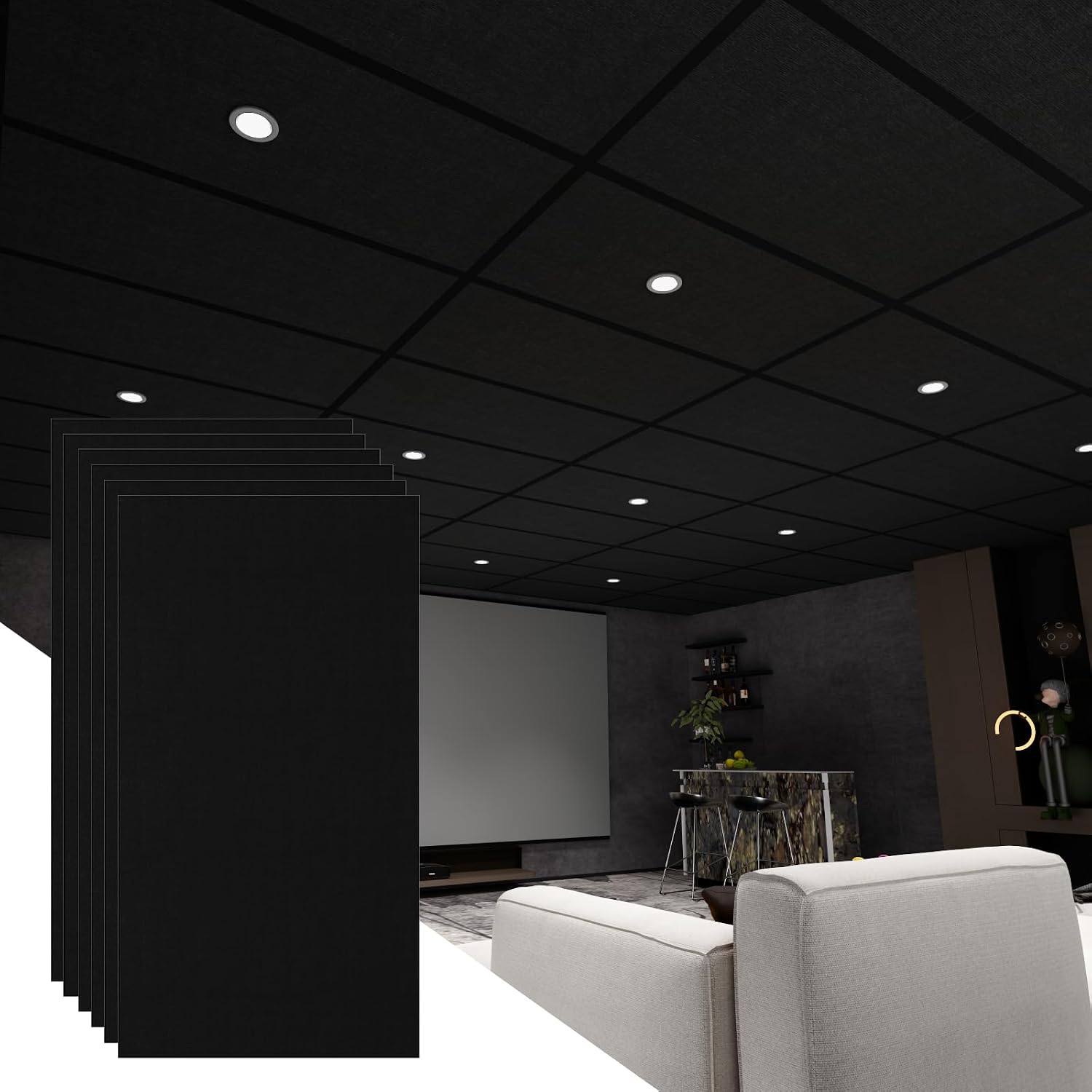 Detalle de BaseNoir Acoustic Ceiling Tiles, 2 x 4 ft Black Polyester Fibre, 12-Pack