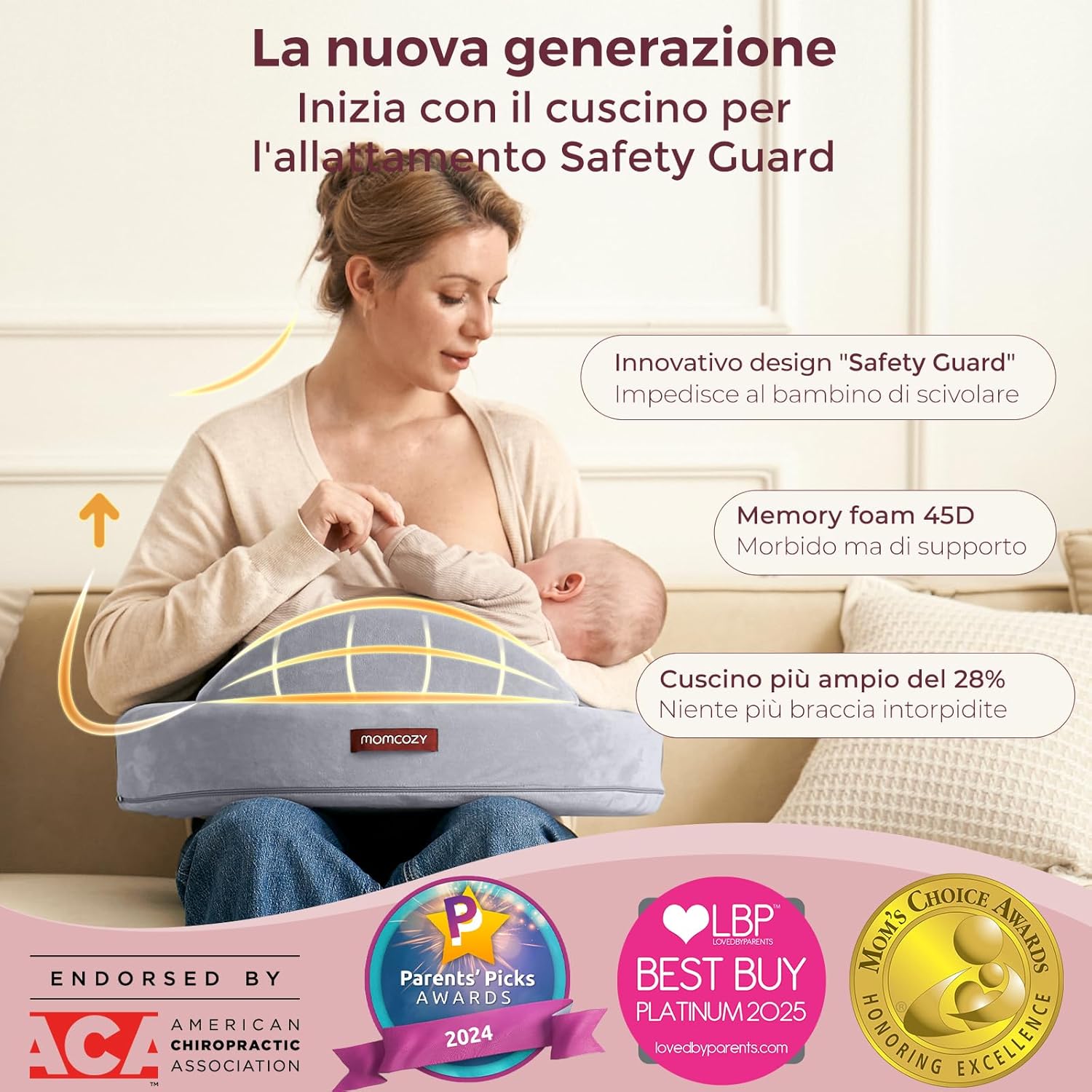 Thumbnail 2 de momcozy Cuscino da Allattamento con Barriera di Sicurezza: Memory Foam Rigido ed Elastico, Supporto Ergonomico Extra Large, Fodera Rimovibile, Colore Foglie Rosa