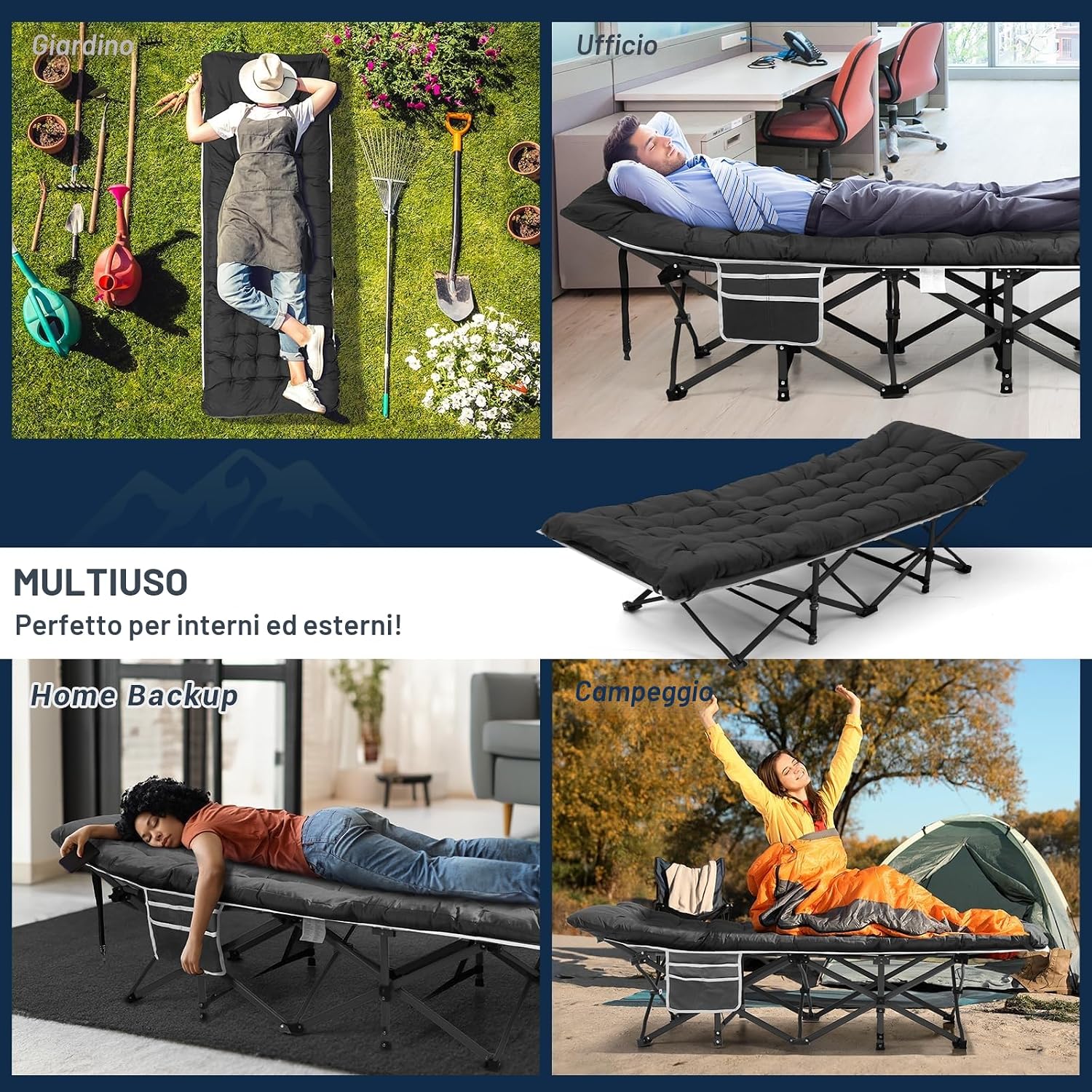 Detalle de OVERMONT Lettino da Campeggio Brandina Pieghevole con Materasso XL – Portatile, 250 kg, Tasche Laterali