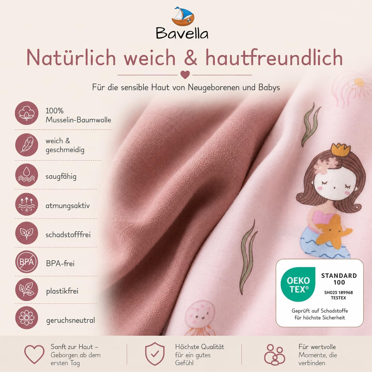 Detalle de Bavella 2er Set XXL Musselin Baby Decke & Tuch – 120 × 120 cm, ÖKO-TEX zertifiziert