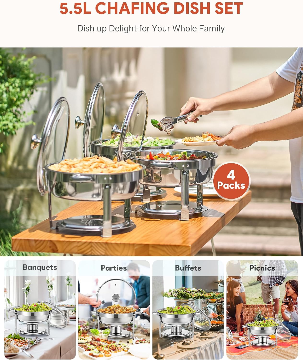 Thumbnail 1 de WILPREP Chafing Dish Buffet Set, 4 Pack 5.5L Round Chafers with Glass Lid & Lid Holder – Stainless Steel Food Warmers