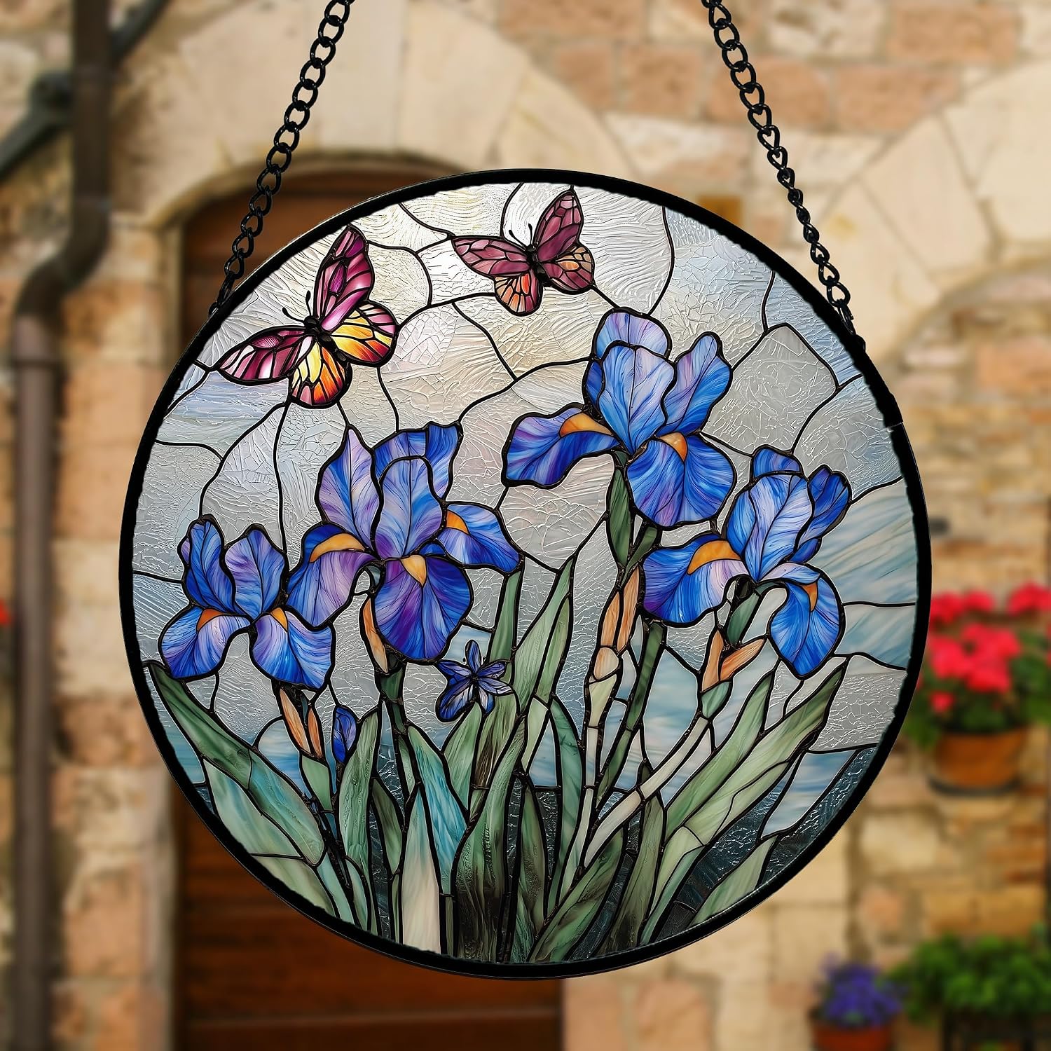 Detalle de Purple Iris Butterfly Stained Glass Suncatcher 7.8-inch