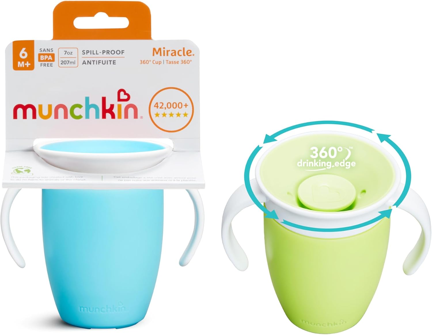Munchkin Miracle 360 2 Pack Sippy Cup Set (207ml) – Leakproof, with Handles, Blue/Green