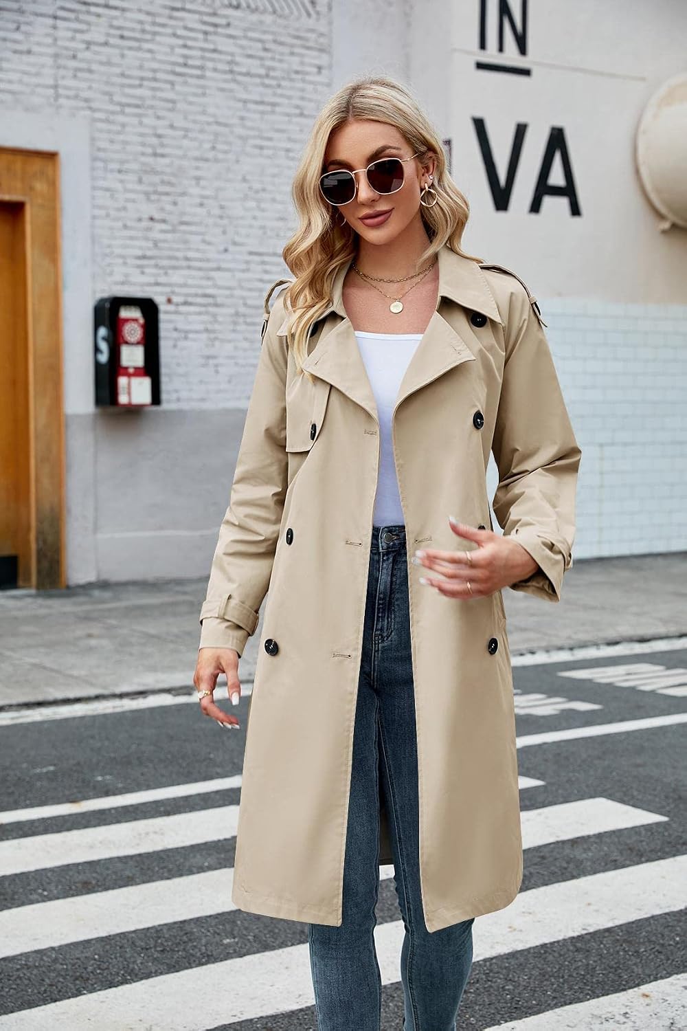 Detalle de Makkrom Women's Double-Breasted Long Trench Coat
