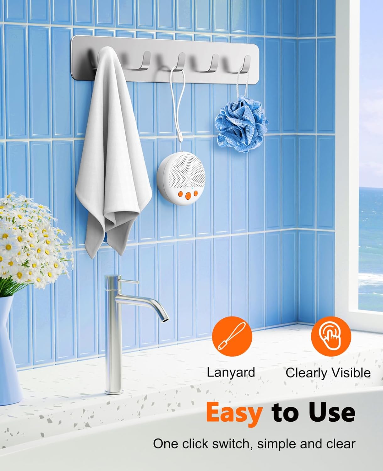 Detalle de Kunodi Shower Speaker (White) – Bluetooth waterproof portable speaker with suction cup and lanyard