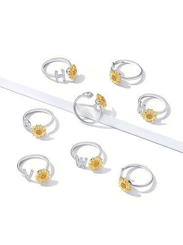 Detalle de Anillo inicial M en plata de ley 925 con flor girasol giratorio y circonita – ChicSilver