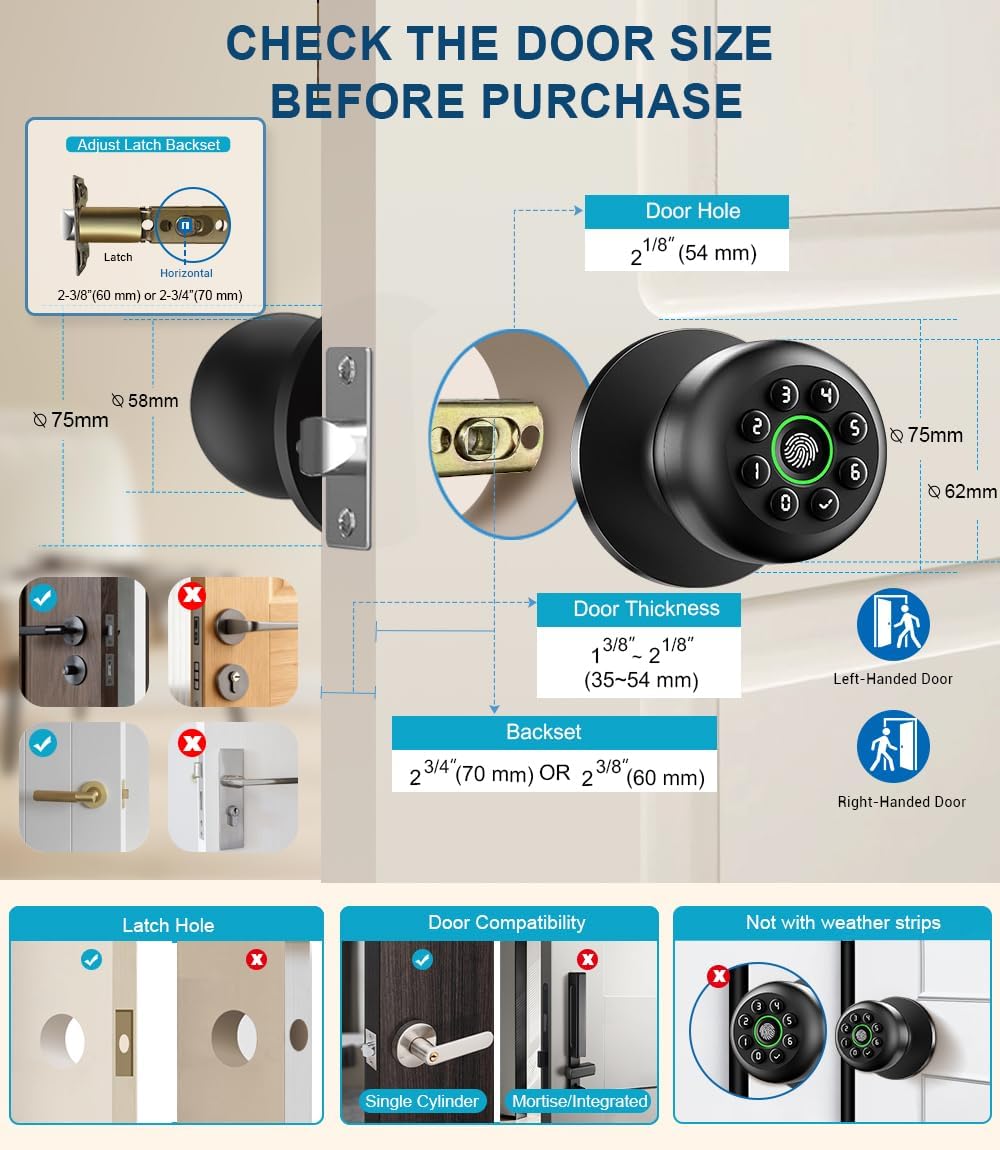 Detalle 2 de Fingerprint Door Knob with Keypad, Matte Black