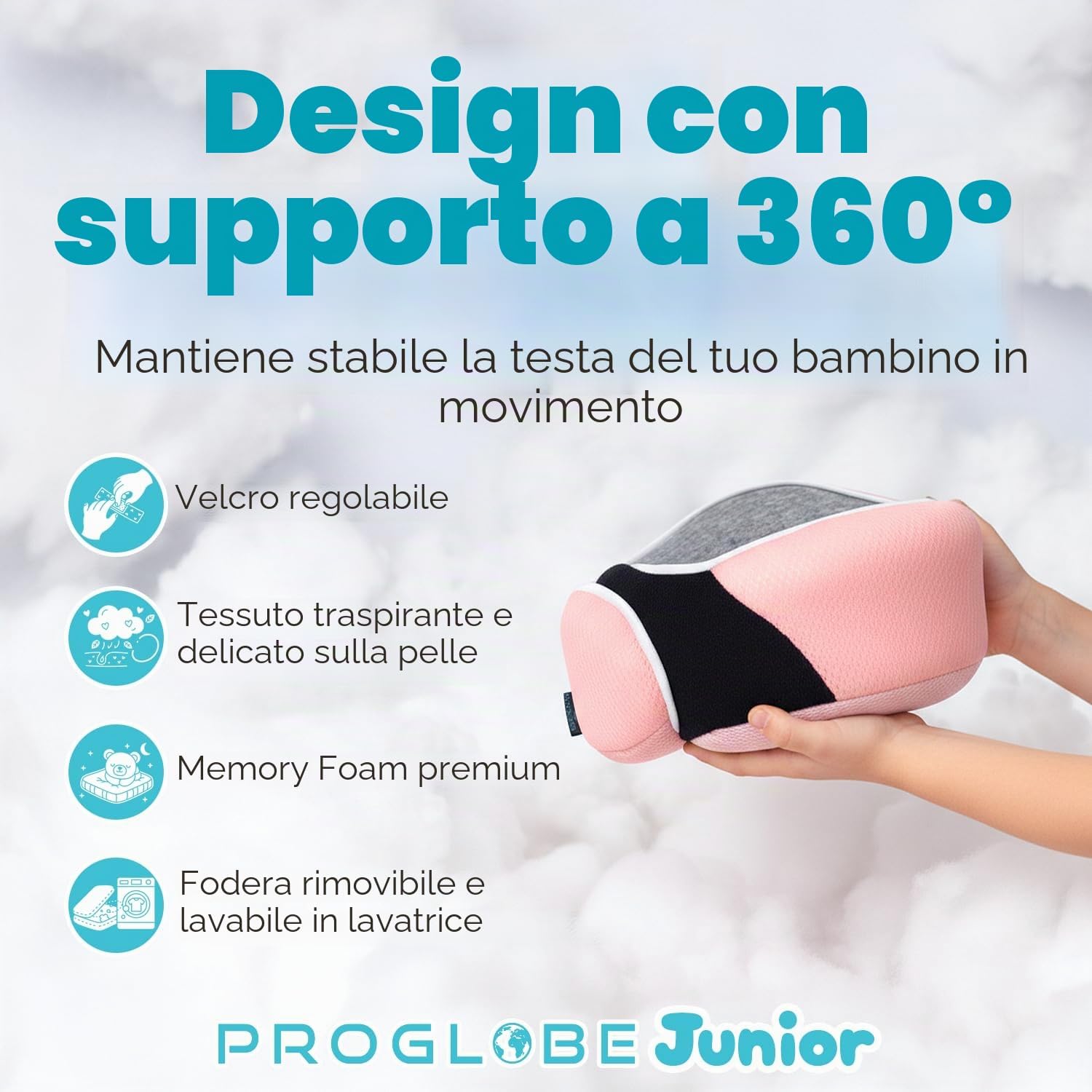 Thumbnail 1 de Proglobe cuscino cervicale da viaggio per bambini 4–13 anni, memory foam, rosa chiaro