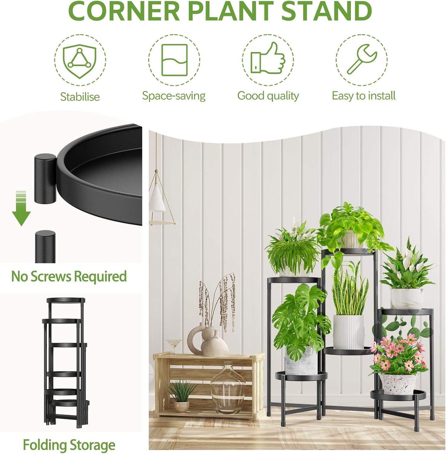 Detalle de iDavosic.ly 6-Tier Metal Plant Stand, Black, Adjustable and Foldable