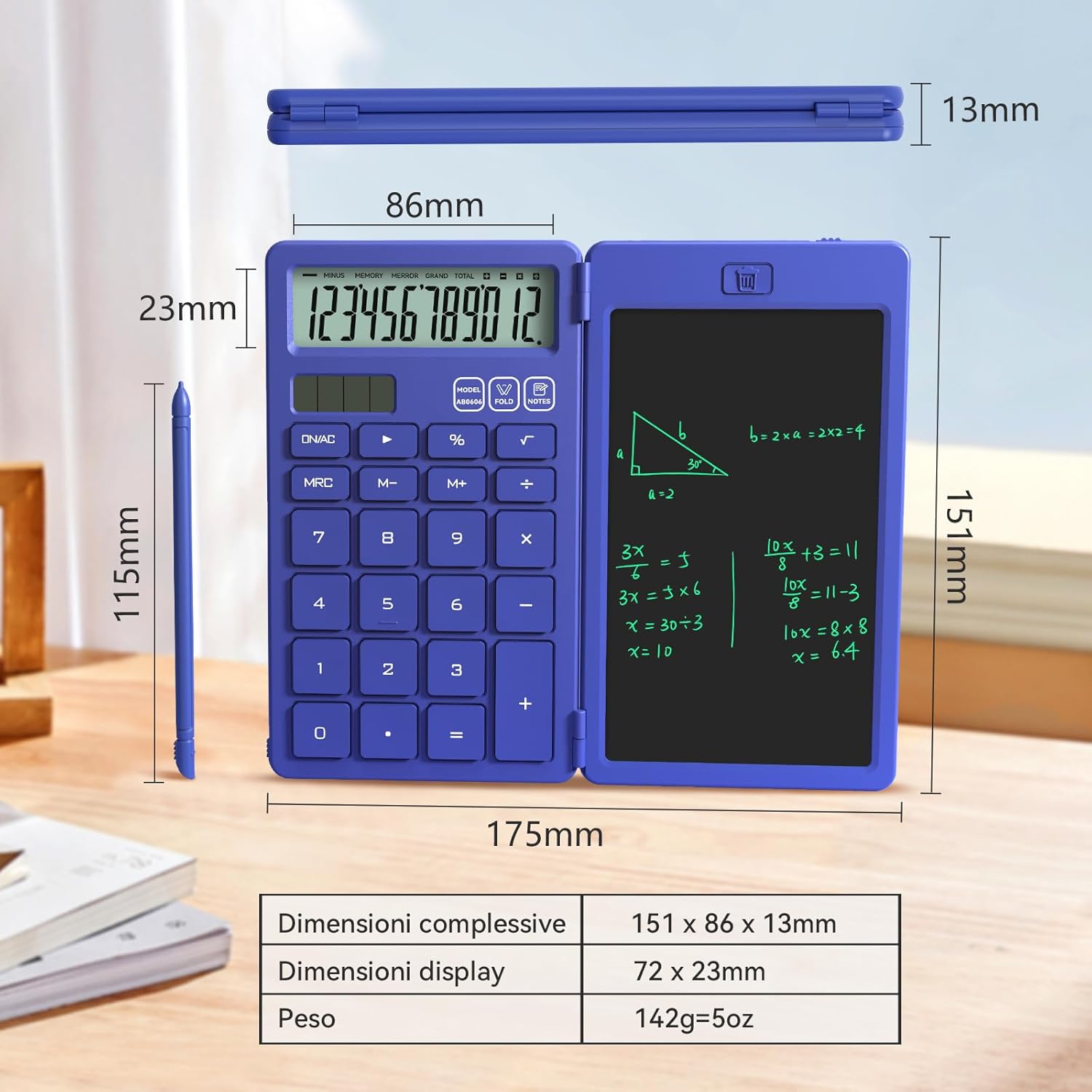 Detalle de NEWYES Calcolatrice 2-in-1 con Tavoletta da Scrittura e Penna – Blu, alimentazione solare e batteria CR1220