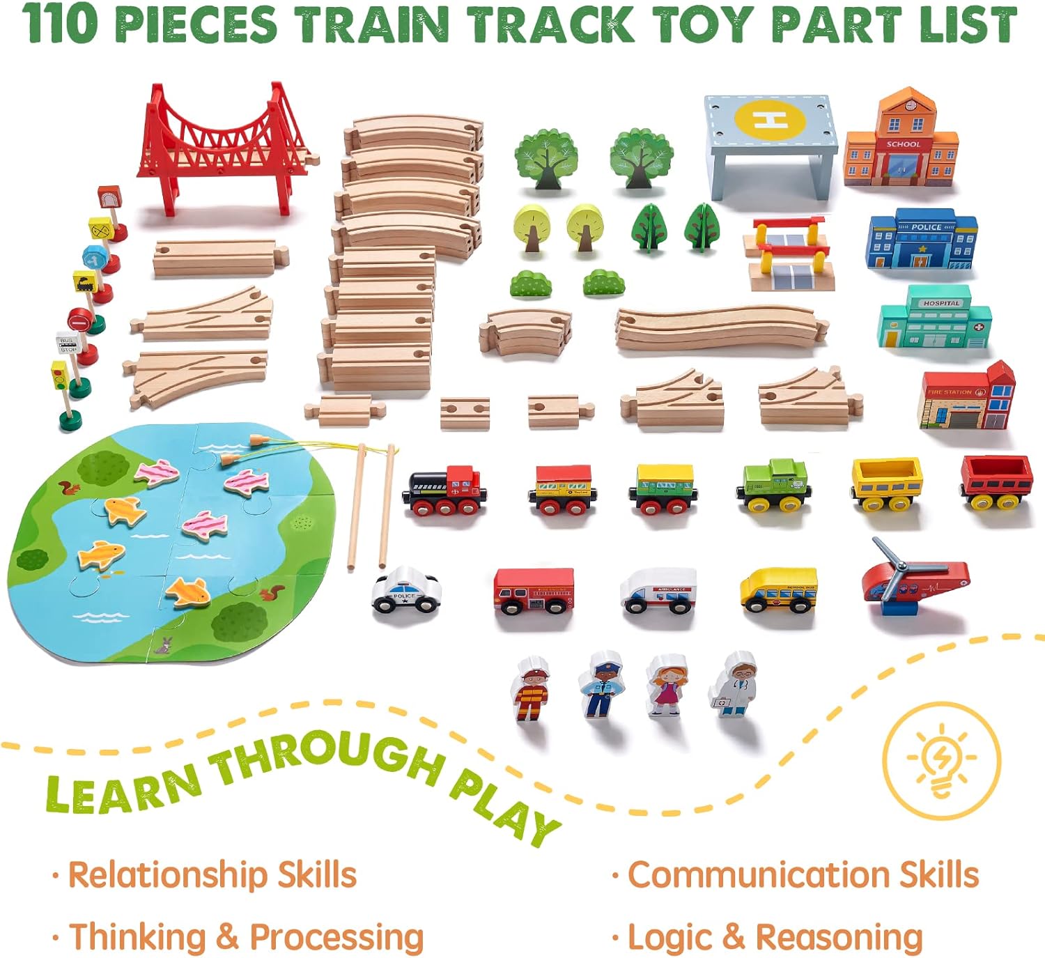 Detalle de Tiny Land 110PCS Wooden Train Set 🚂