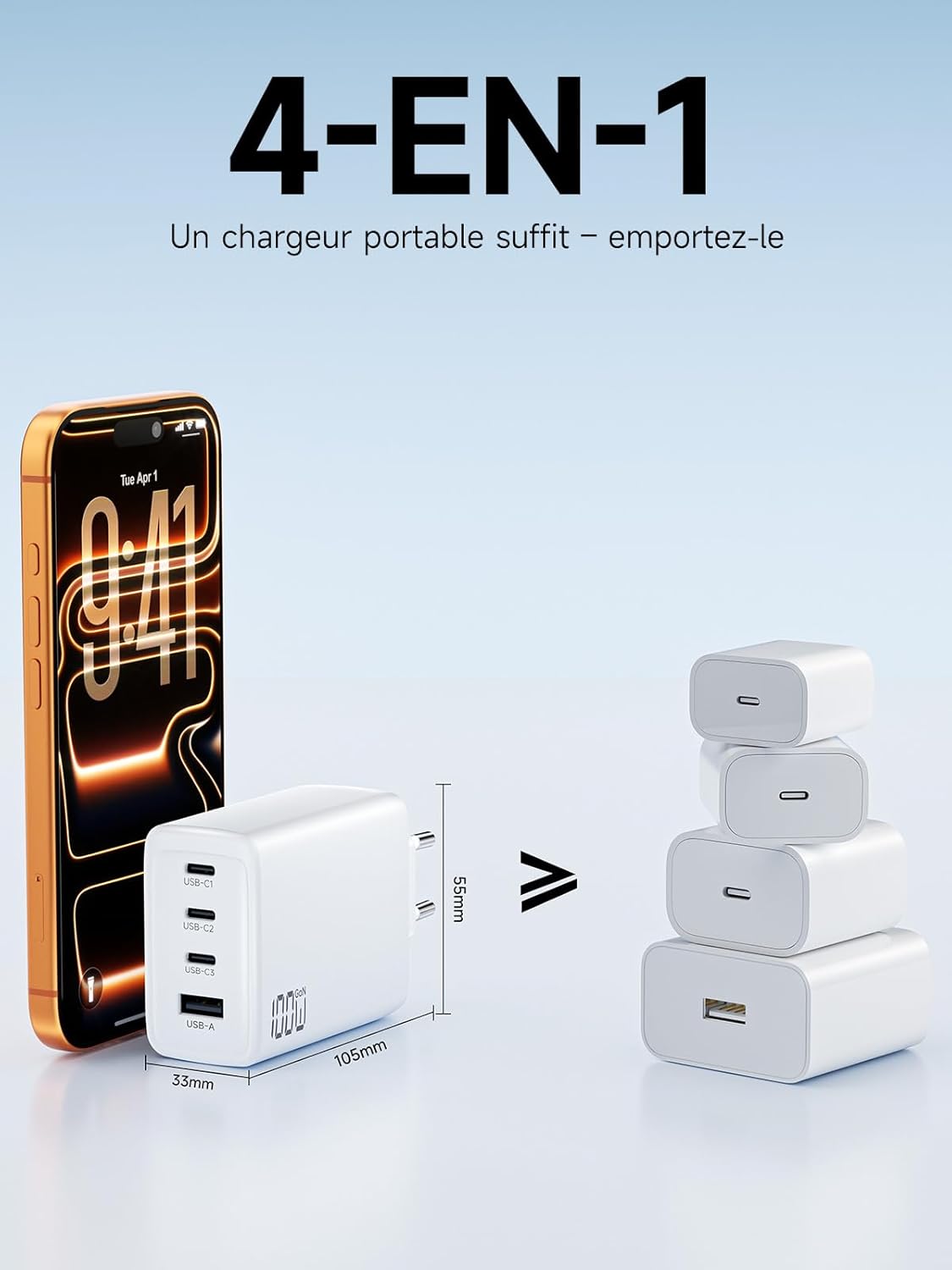 Thumbnail 1 de Chargeur USB-C GaN 100W 4 ports pour ordinateur portable (3×USB-C + 1×USB-A) + câble USB-C 2 m