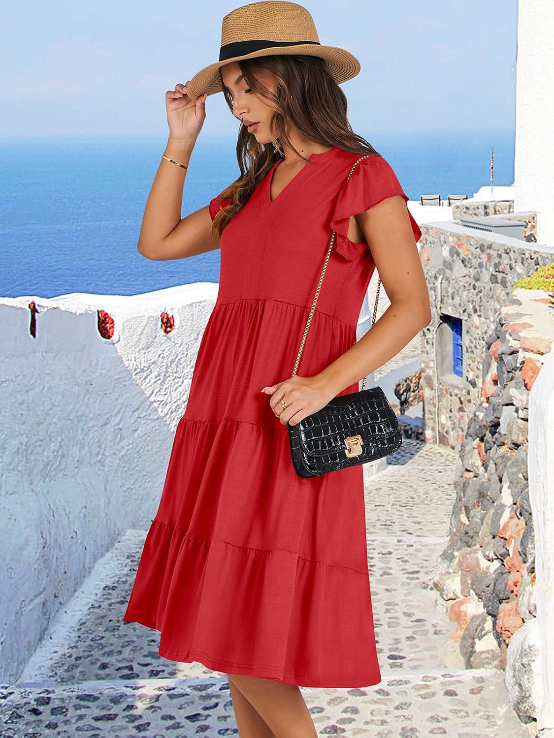 Detalle de ANRABESS Women's Summer Dress with Ruffle Sleeves and V-Neck Midi — Boho Casual Sundress
