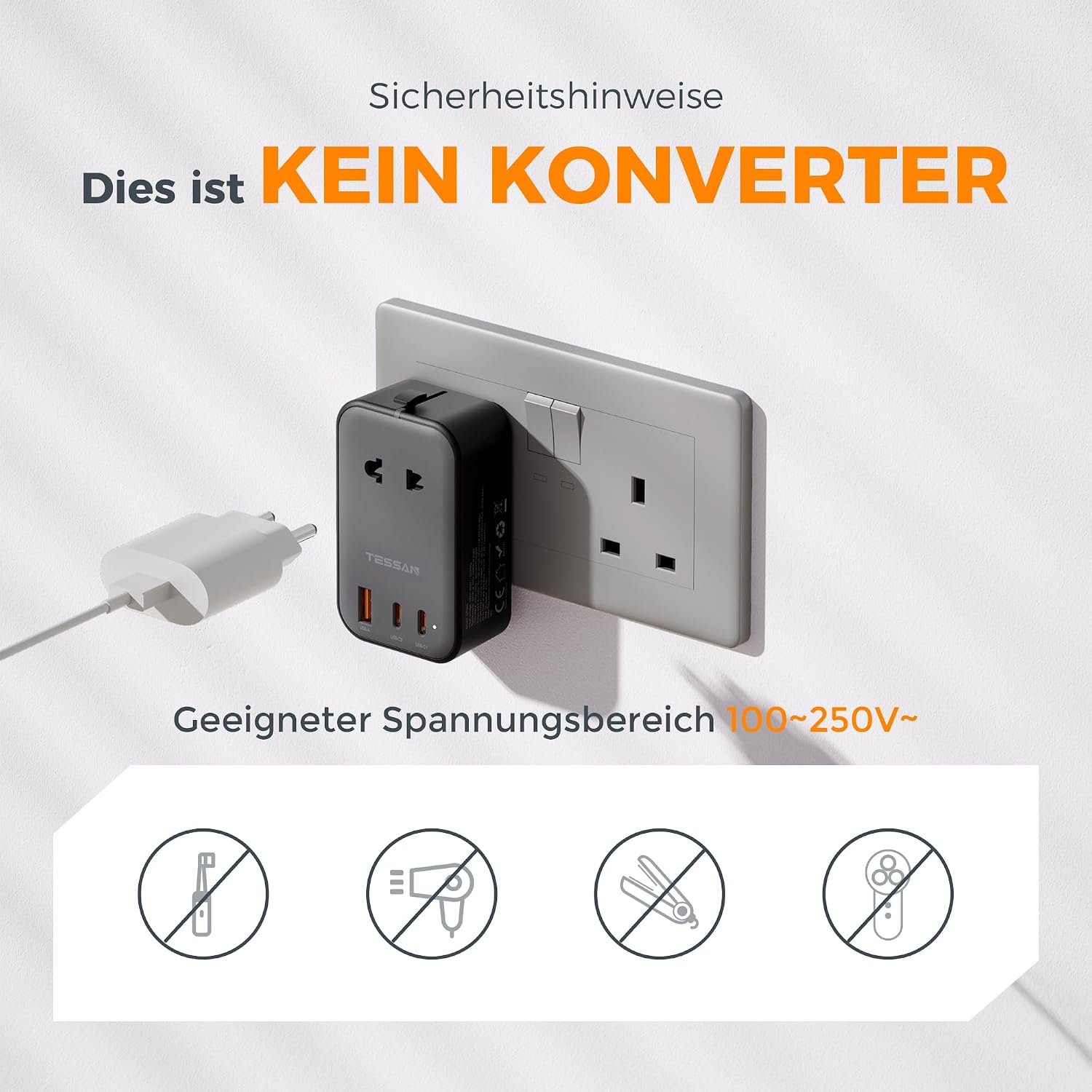 Detalle 2 de TESSAN Reiseadapter PD 20W mit USB‑C und USB‑A 🌍