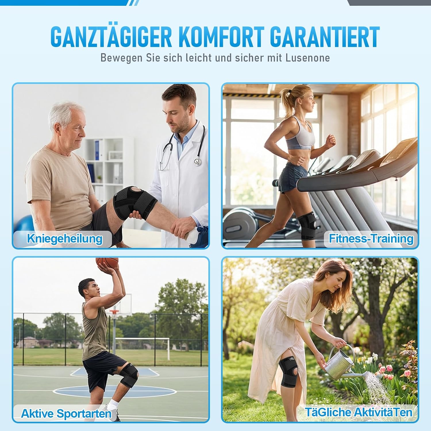 Thumbnail 6 de Lusenone Kniebandage für Damen & Herren – Verstellbare Kniestütze mit Seitenstabilisatoren
