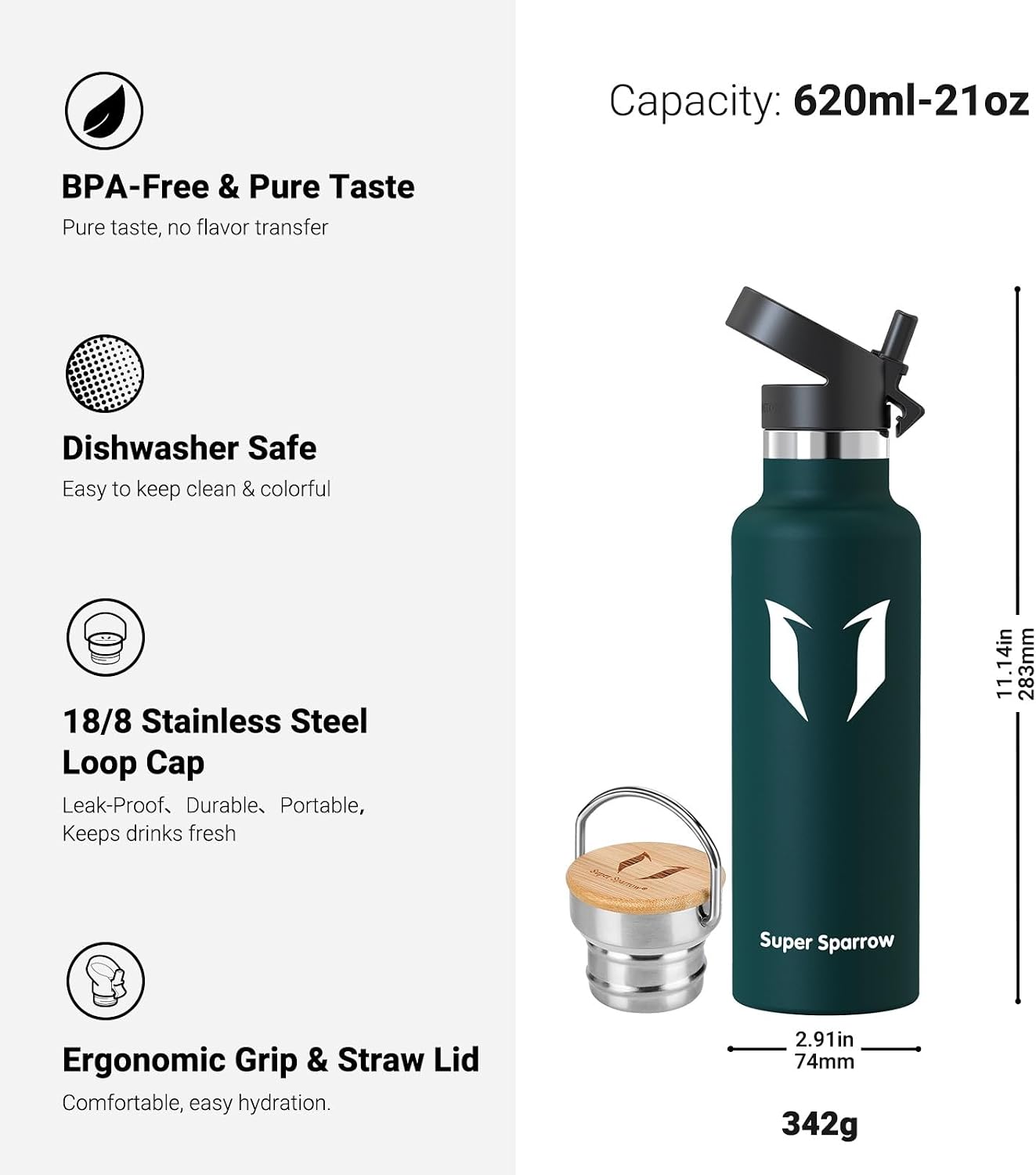 Detalle de Super Sparrow Borraccia Termica 620ml: Bottiglia senza perdite con 2 tappi, BPA free